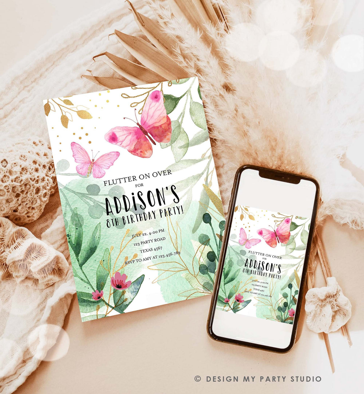 Editable Butterfly Birthday Invitation Butterfly Invitation Garden Floral Flowers Pink Gold Girl Digital Download Template Printable 0170