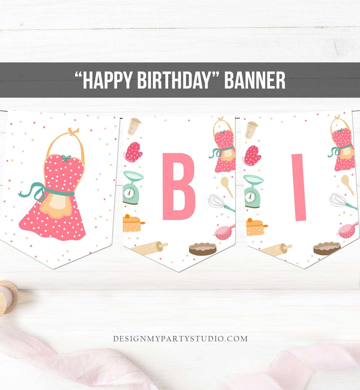 Happy Birthday Banner Cooking Birthday Banner Kitchen Baking Party Baby Shower Girl Decoration Instant Digital Download Printable 0219