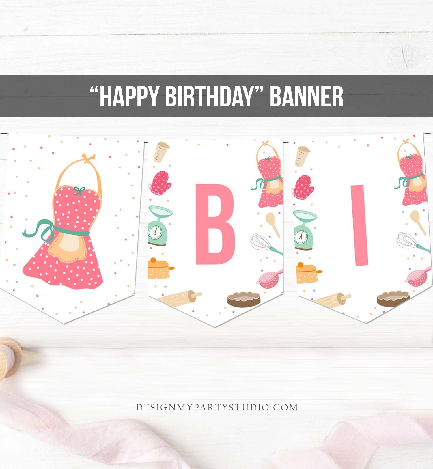 Happy Birthday Banner Cooking Birthday Banner Kitchen Baking Party Baby Shower Girl Decoration Instant Digital Download Printable 0219