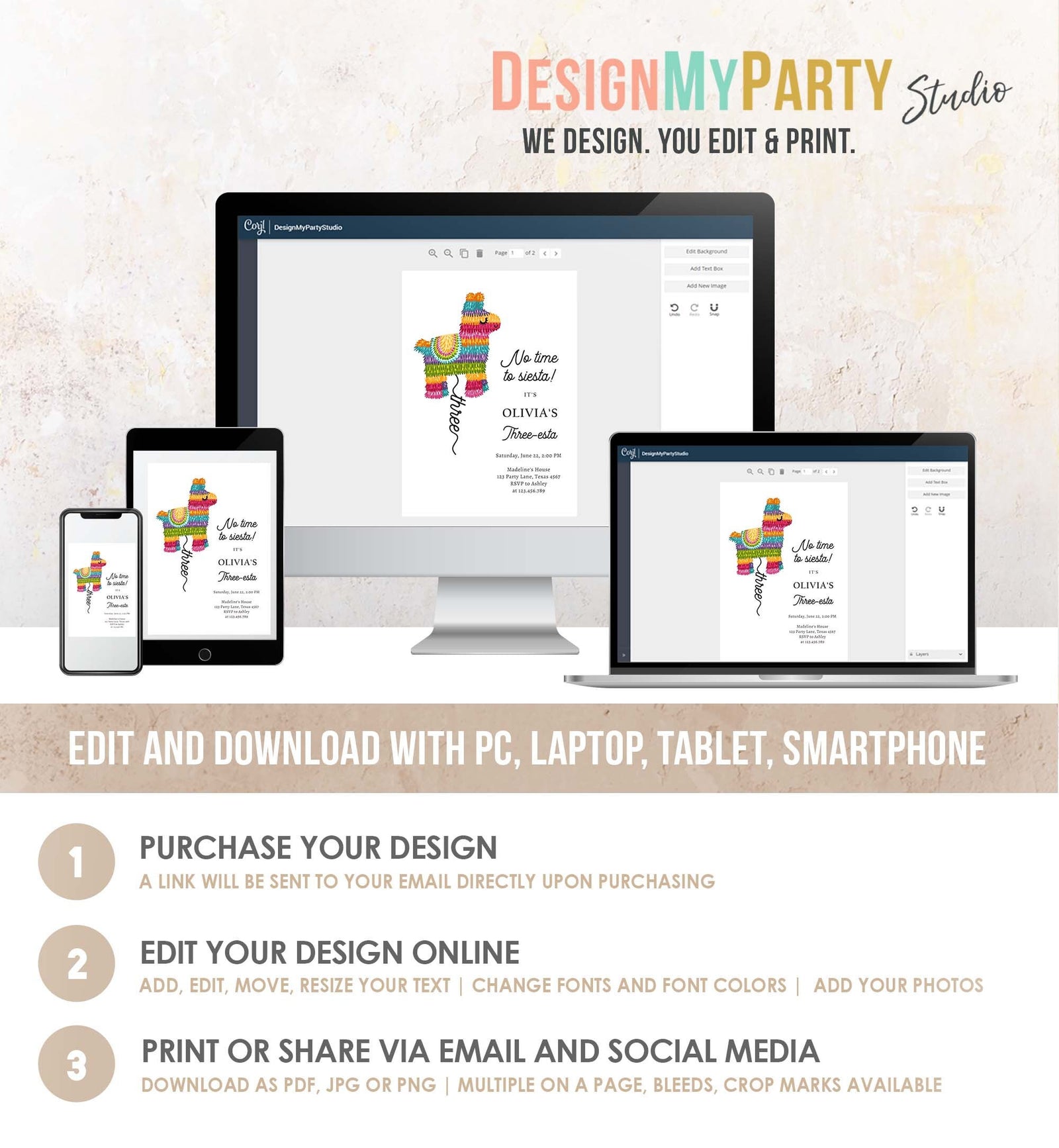 Editable Fiesta Invitation Three-esta Birthday Mexican Pinata Piñata Invite Girl Kids 3rd Siesta Printable Download Template Corjl 0500