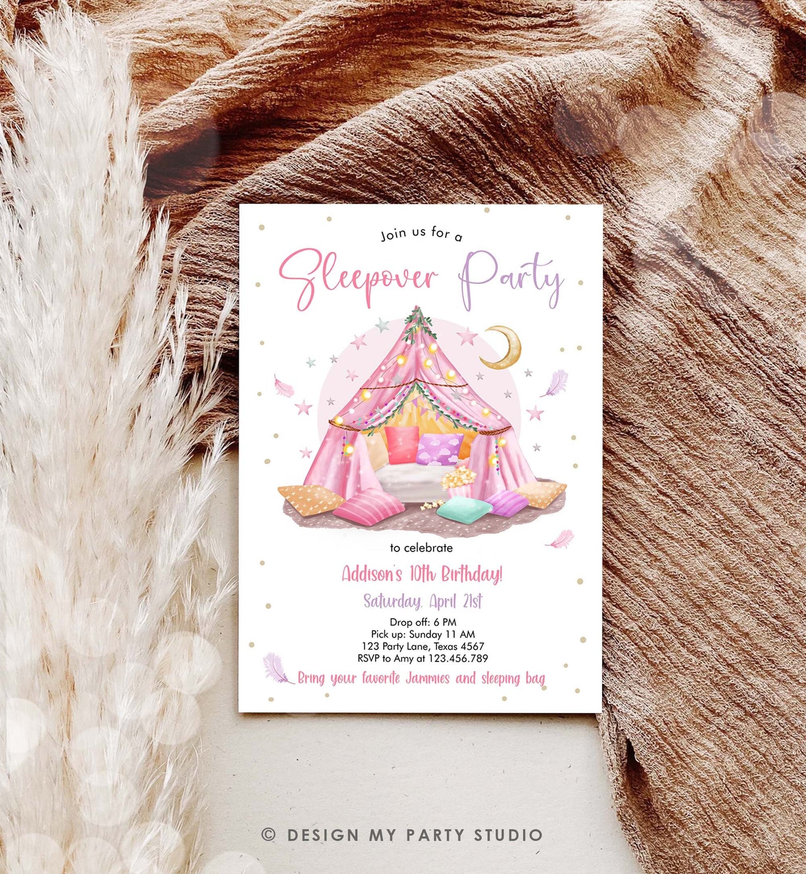 Editable Slumber Party Birthday Invitation Sleepover Birthday Invite Pink Spa Tween Teen Glamping Download Printable Template Corjl 0499