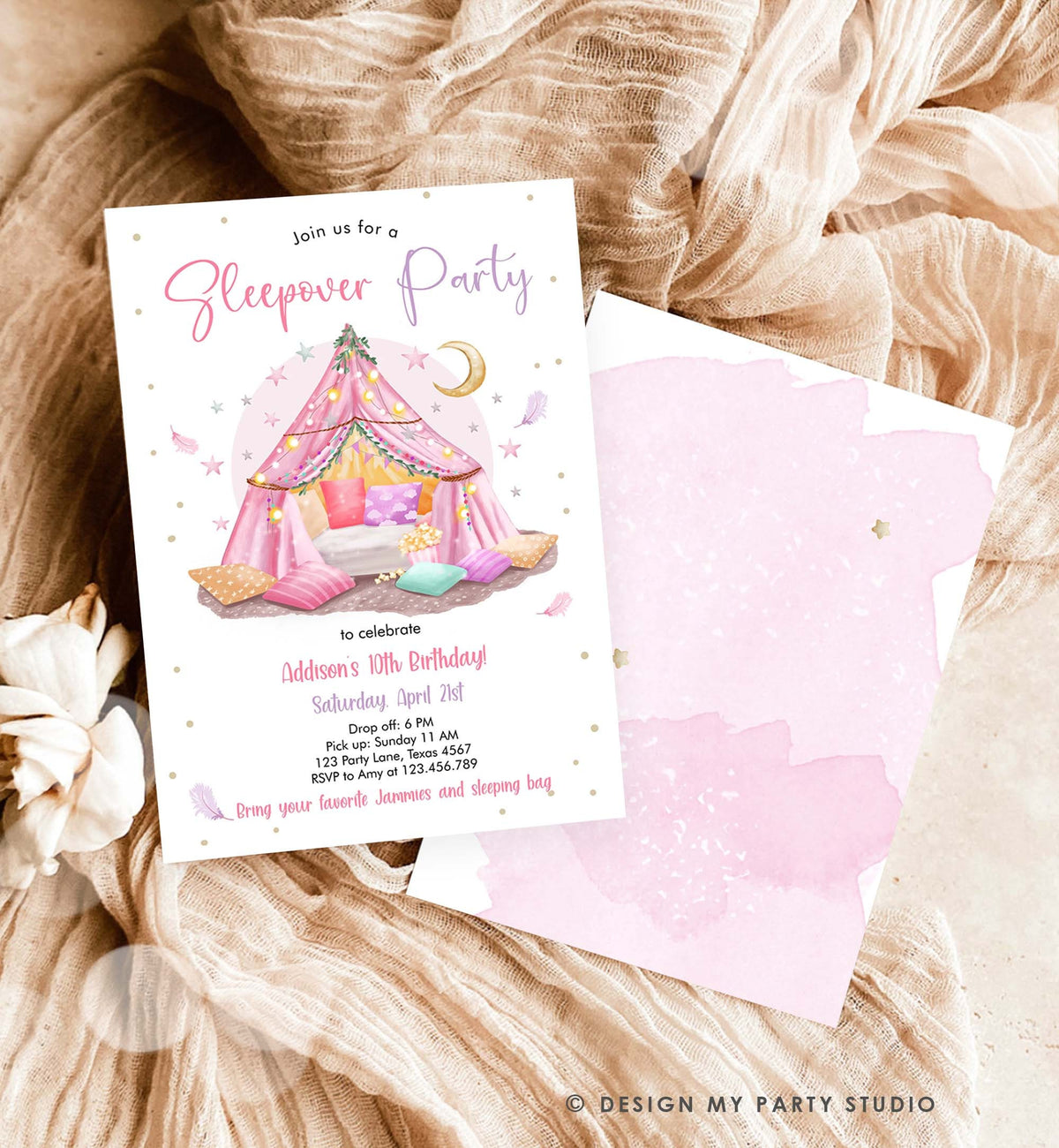 Editable Slumber Party Birthday Invitation Sleepover Birthday Invite Pink Spa Tween Teen Glamping Download Printable Template Corjl 0499