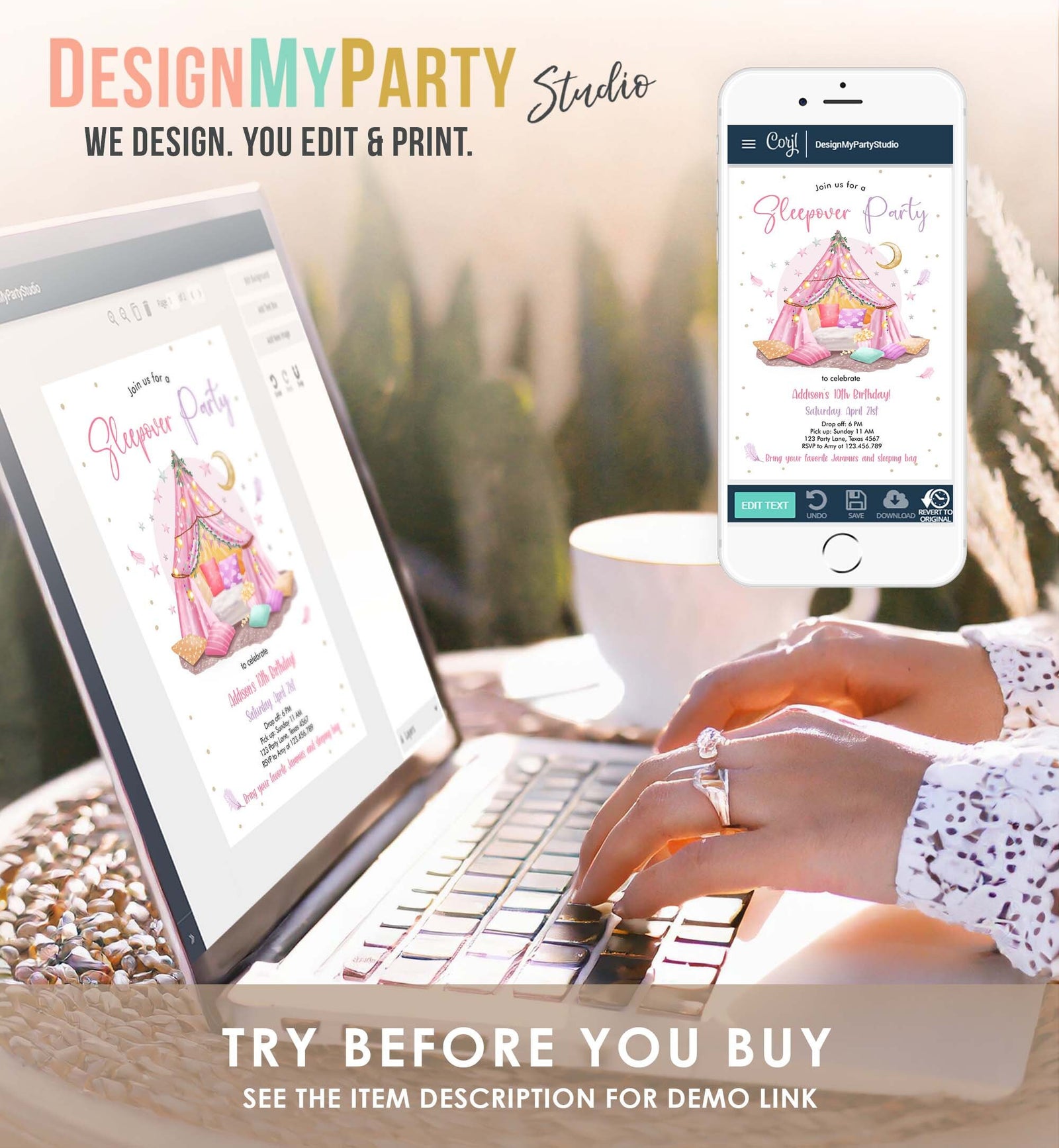 Editable Slumber Party Birthday Invitation Sleepover Birthday Invite Pink Spa Tween Teen Glamping Download Printable Template Corjl 0499