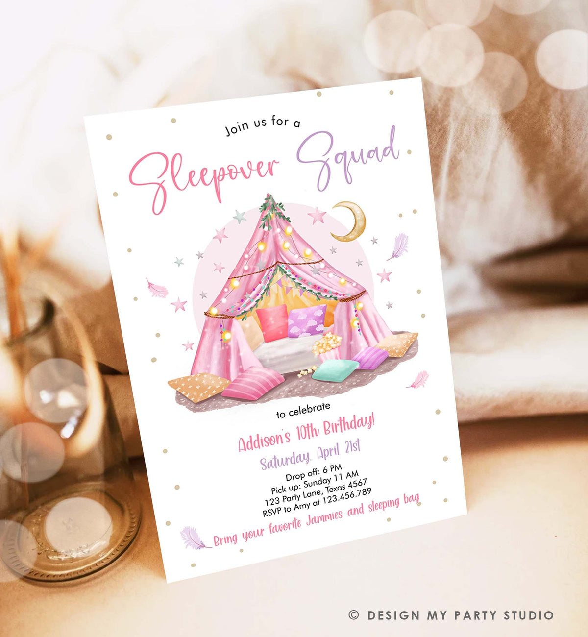 Editable Sleepover Squad Birthday Invitation Slumber Party Birthday Invite Pink Spa Tween Teen Girl Glamping Download Template Corjl 0499