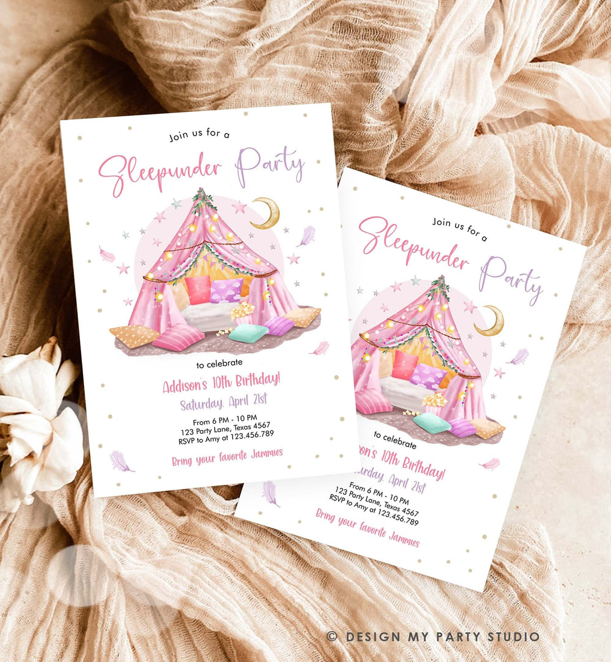 Editable Sleepunder Party Birthday Invitation Slumber Party Invite Pink Spa Tween Teen Glamping Movie Download Printable Template Corjl 0499