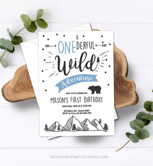 Editable A Onederful Wild Adventure First Birthday Invitation Wild Things Boy Mountains Bear Outdoor Blue Download Corjl Template 0083