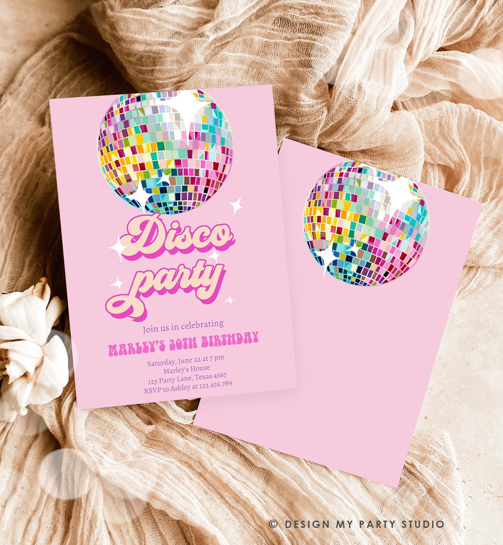 Editable Disco Birthday Party Invitation Disco Party Birthday Adult Let's Disco 70s Retro Pink Dance Download Template Corjl Digital 0501