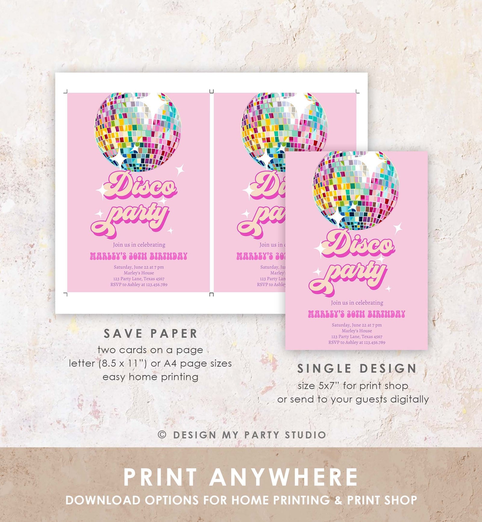 Editable Disco Birthday Party Invitation Disco Party Birthday Adult Let's Disco 70s Retro Pink Dance Digital Evite Template Printable 0501