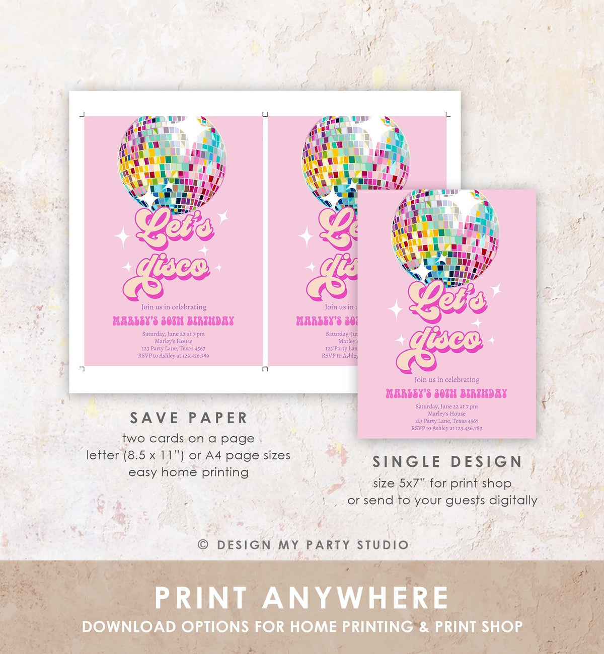 Editable Disco Birthday Party Invitation Disco Party Birthday Adult Let&#39;s Disco 70s Retro Pink Dance Download Template Corjl Digital 0501