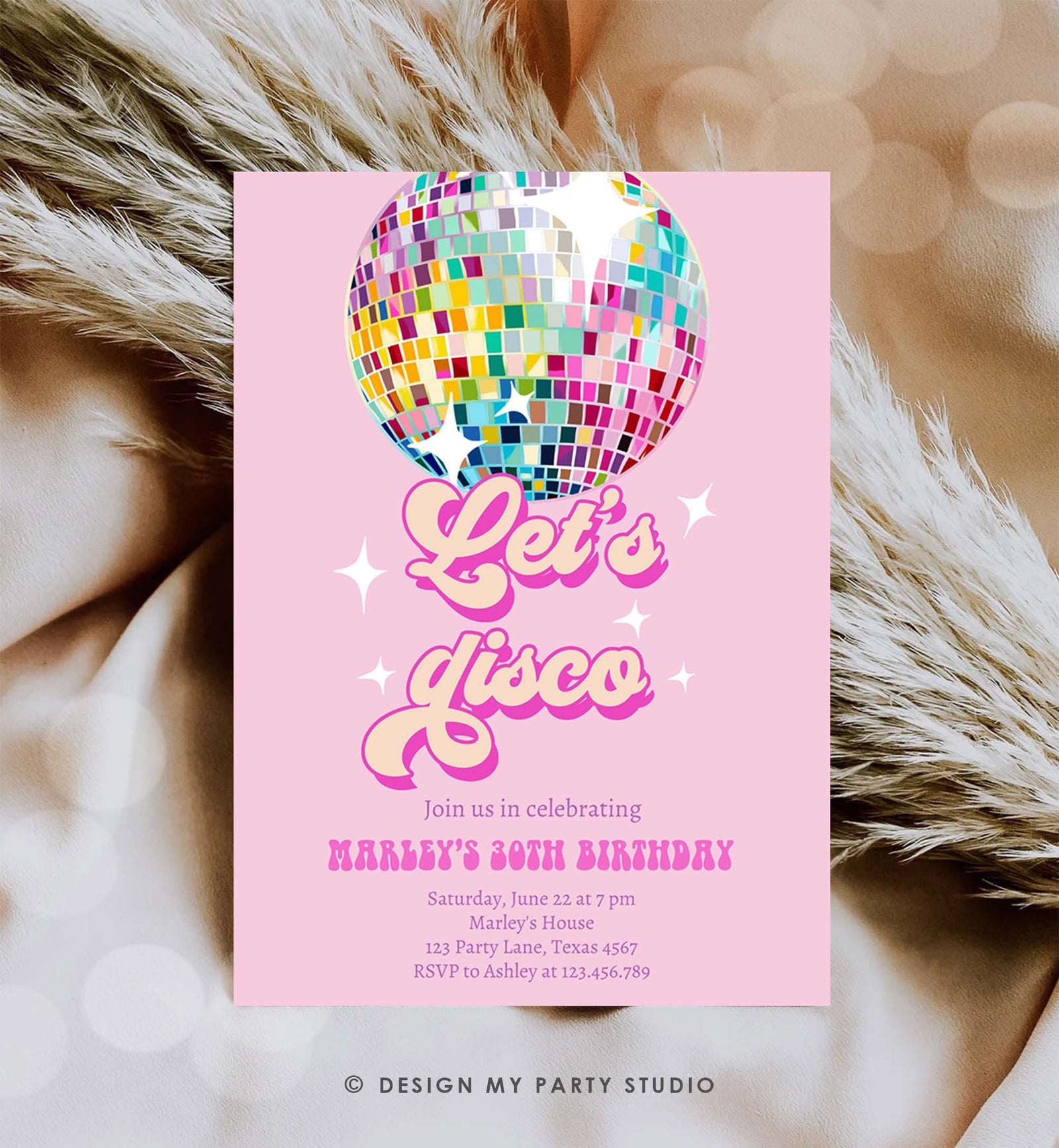 Editable Disco Birthday Party Invitation Disco Party Birthday Adult Let's Disco 70s Retro Pink Dance Download Template Corjl Digital 0501