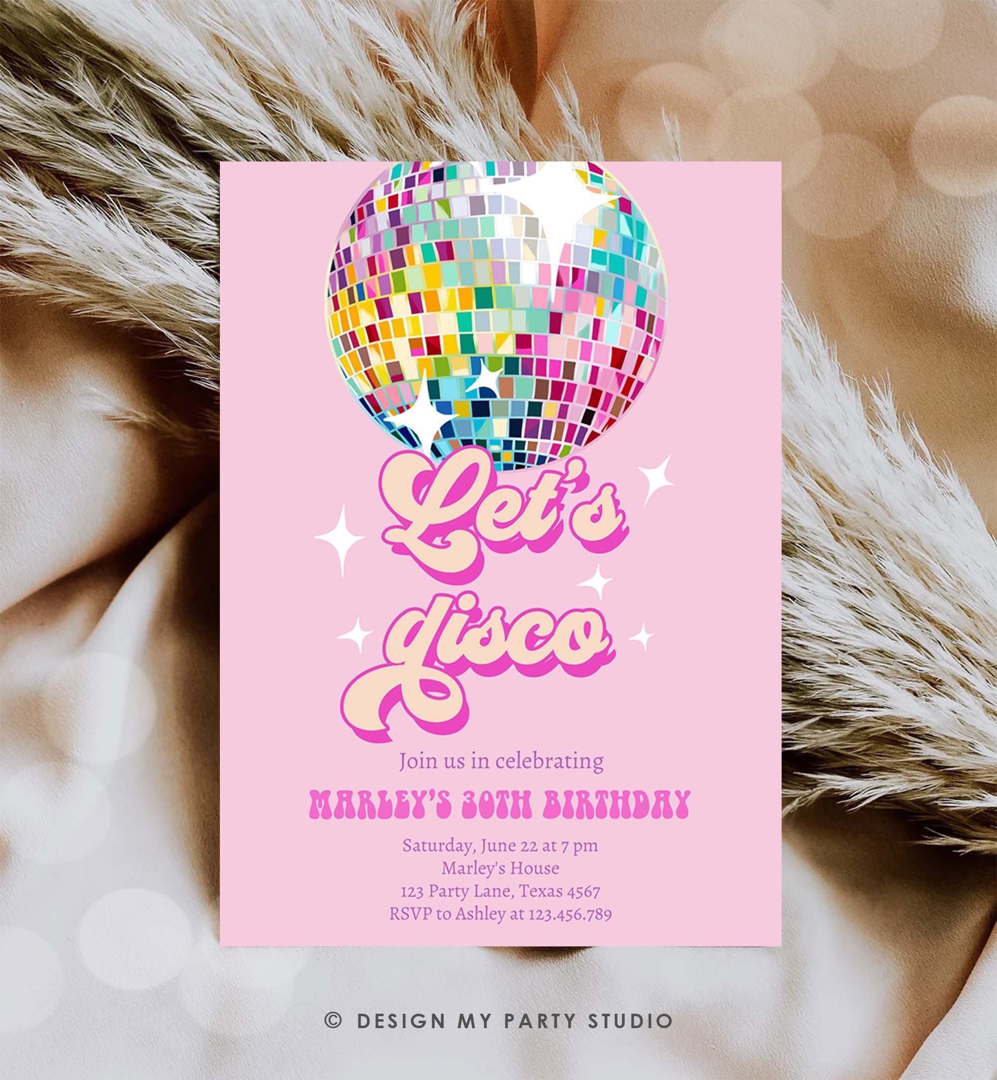Editable Disco Birthday Party Invitation Disco Party Birthday Adult Let's Disco 70s Retro Pink Dance Download Template Corjl Digital 0501