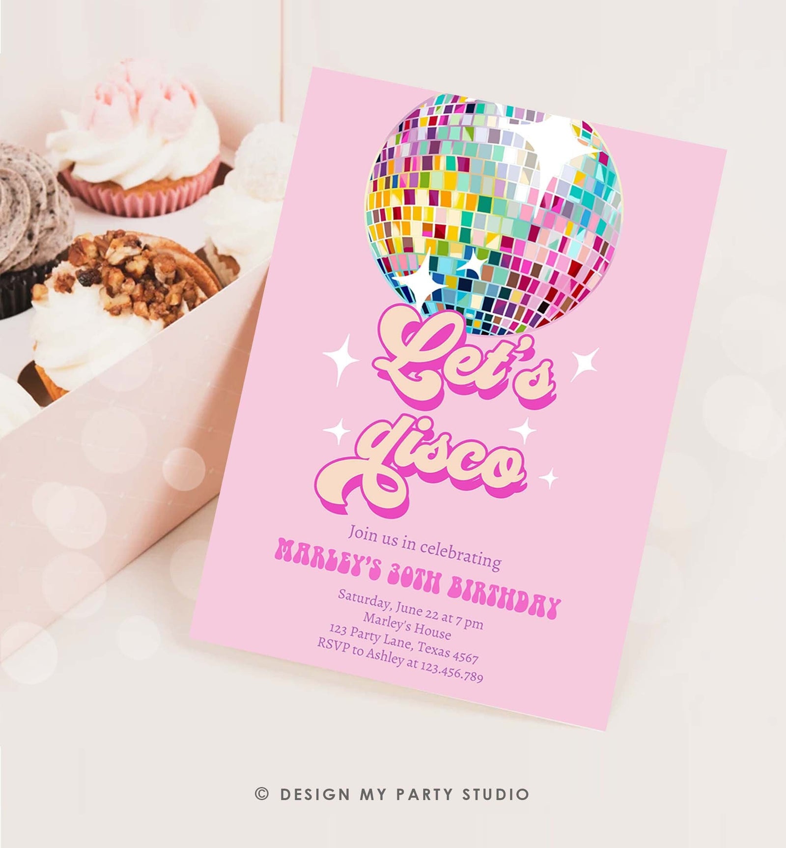 Editable Disco Birthday Party Invitation Disco Party Birthday Adult Let's Disco 70s Retro Pink Dance Download Template Corjl Digital 0501