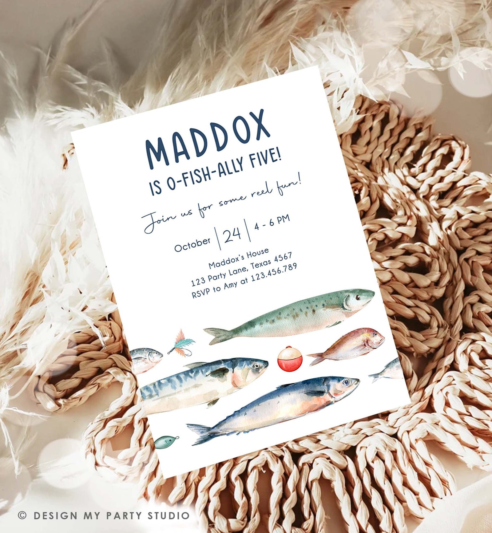 Editable Fishing Birthday Invitation Fishing Party O-Fish-Ally The Big One Gone Fishing Blue Boy Download Printable Template Corjl 0454