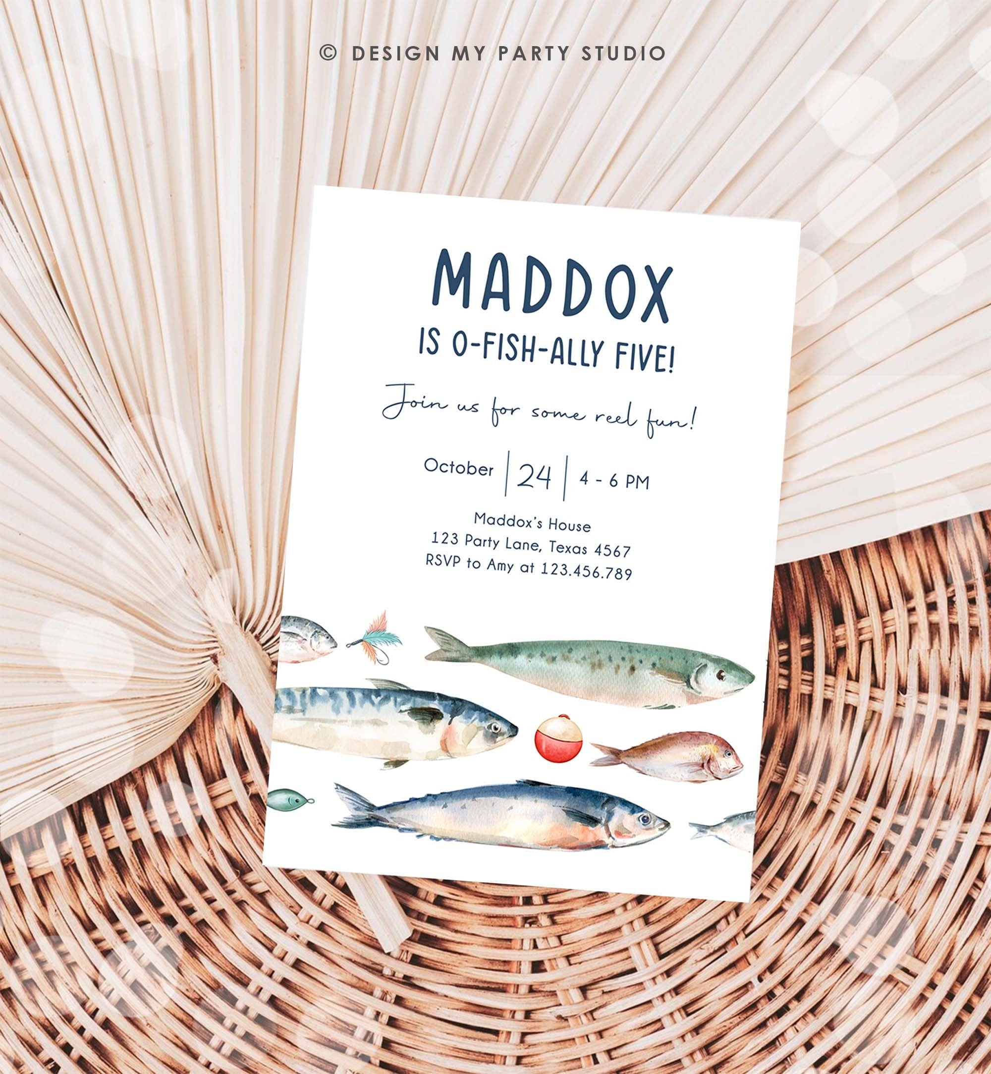 Editable Fishing Birthday Invitation Fishing Party O-Fish-Ally The Big One Gone Fishing Blue Boy Download Printable Template Corjl 0454