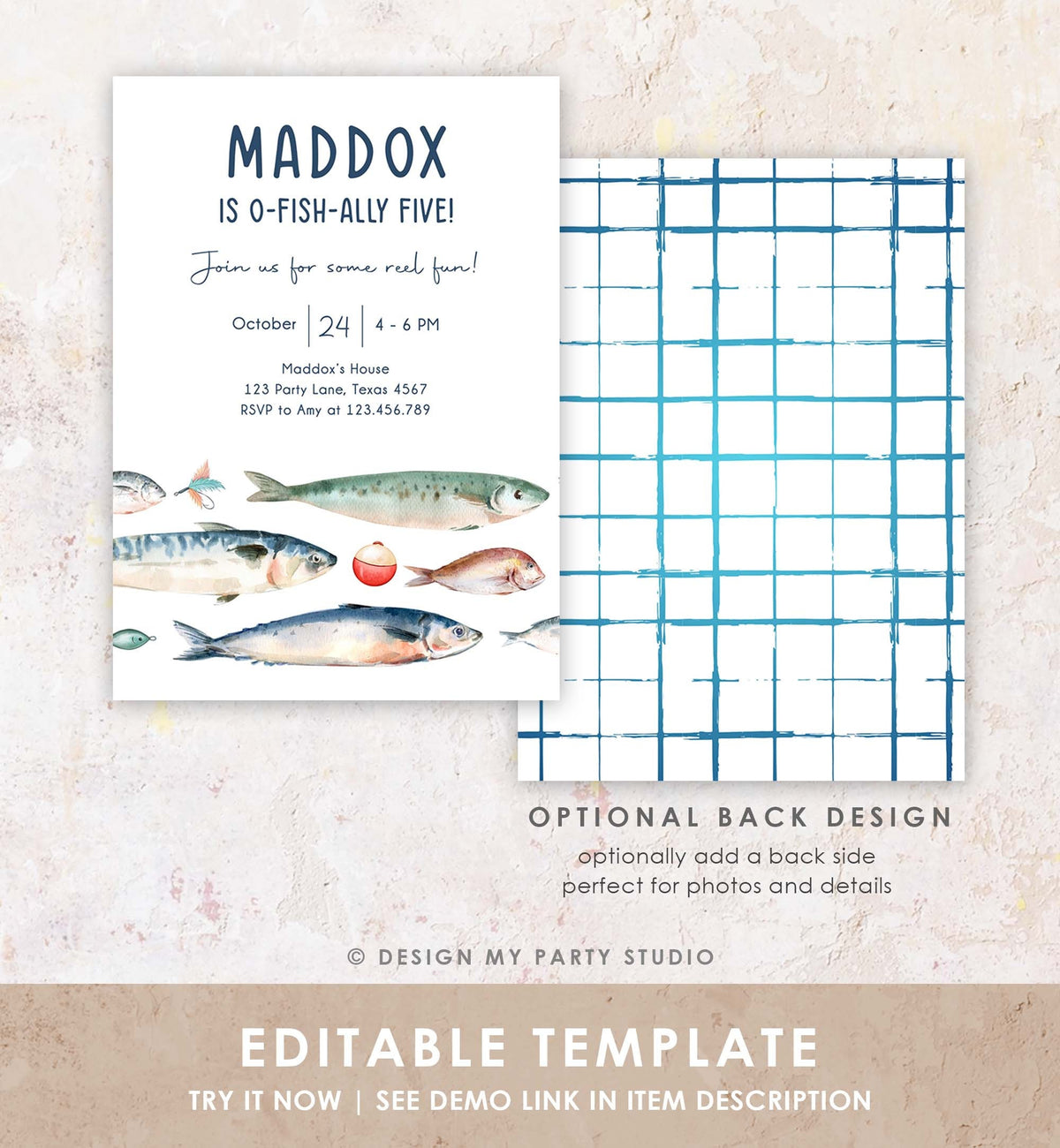 Editable Fishing Birthday Invitation Fishing Party O-Fish-Ally The Big One Gone Fishing Blue Boy Download Printable Template Corjl 0454