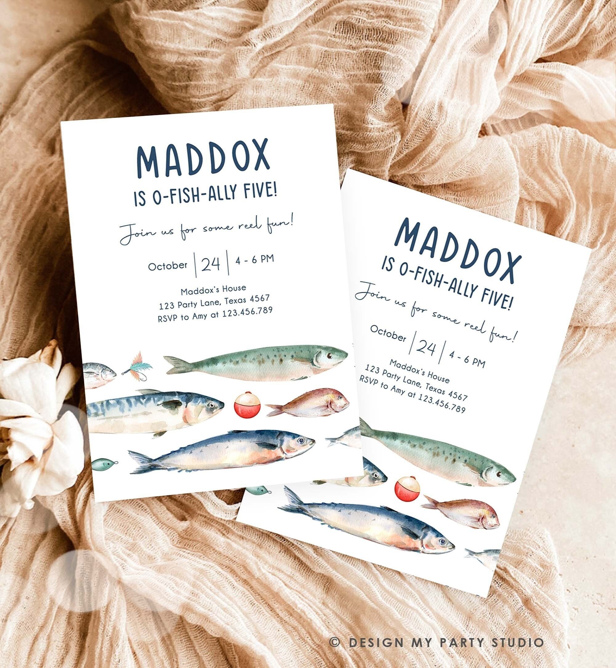 Editable Fishing Birthday Invitation Fishing Party O-Fish-Ally The Big One Gone Fishing Blue Boy Download Printable Template Corjl 0454
