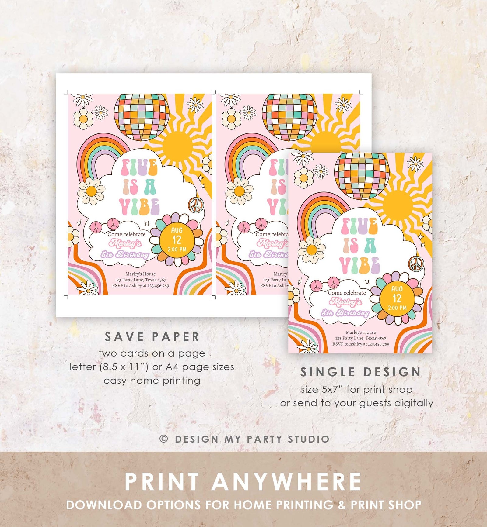 Editable Five Is A Vibe Groovy Birthday Invitation 5th Birthday Retro Rainbow Peace Love Party Pink Download Template Corjl Digital 0538