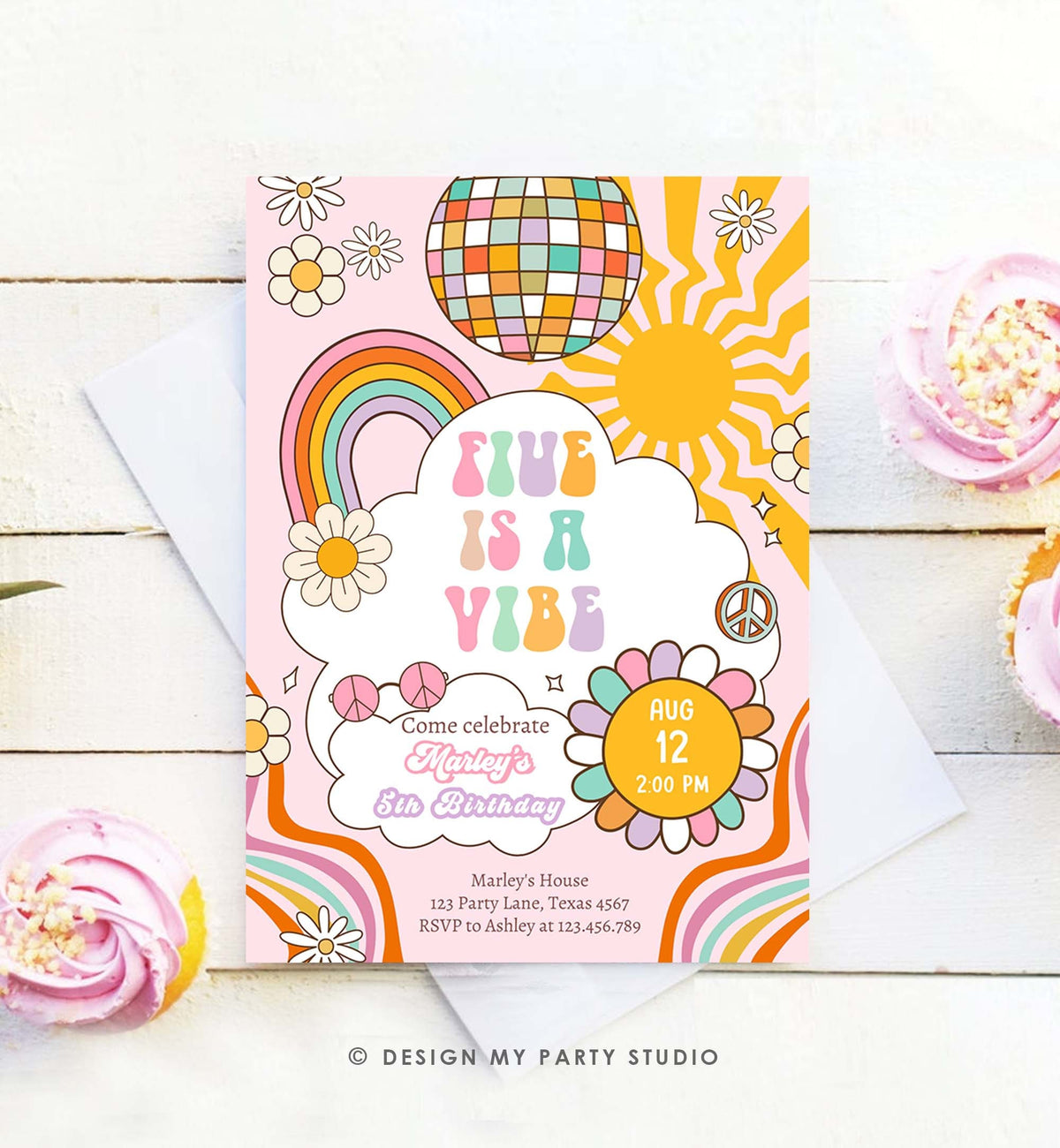 Editable Five Is A Vibe Groovy Birthday Invitation 5th Birthday Retro Rainbow Peace Love Party Pink Download Template Corjl Digital 0538