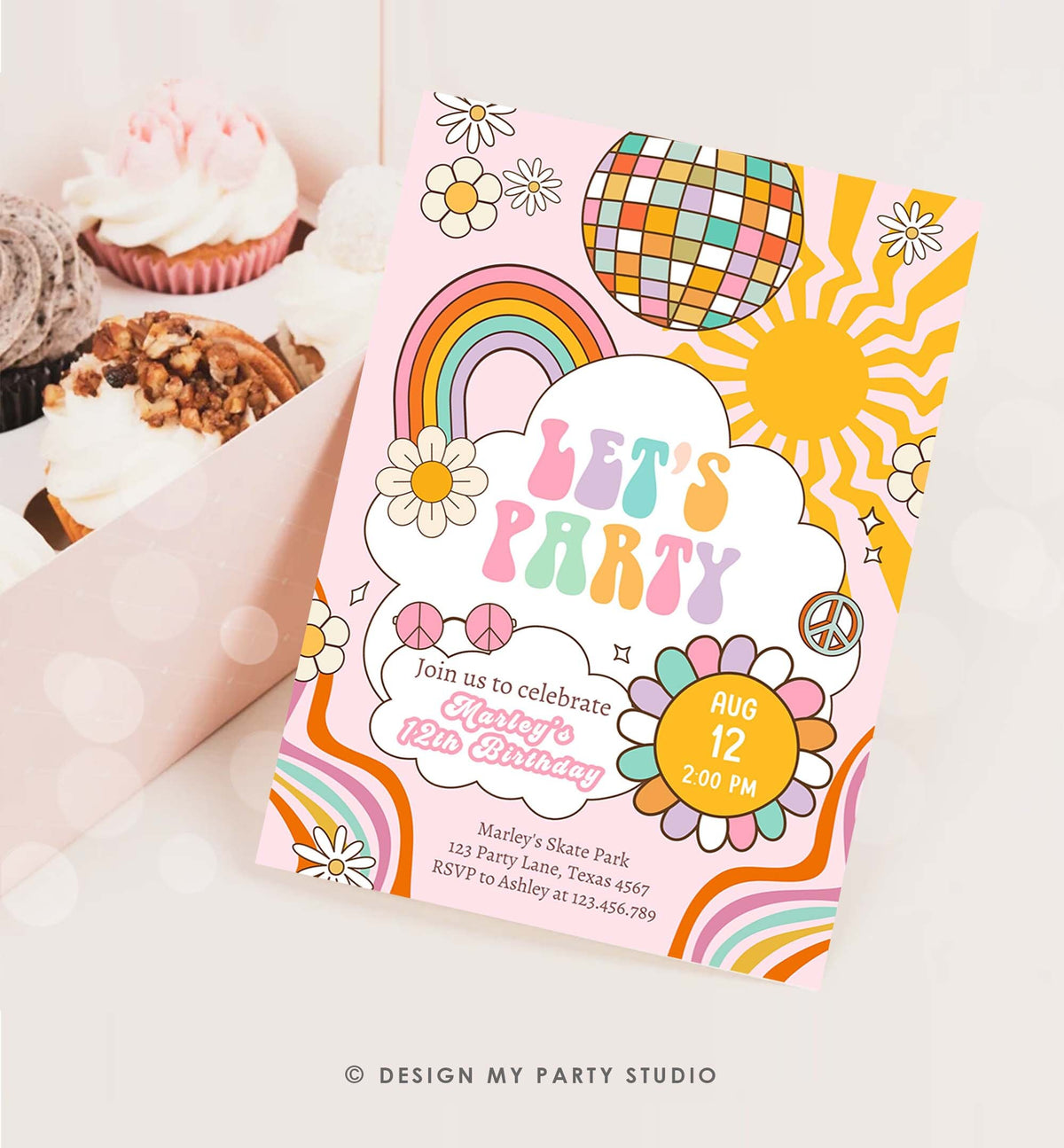 Editable Groovy Birthday Party Invitation Let&#39;s Party Birthday Boho Retro Flower Power 70&#39;s Girl Pink Digital Evite Template Printable 0538