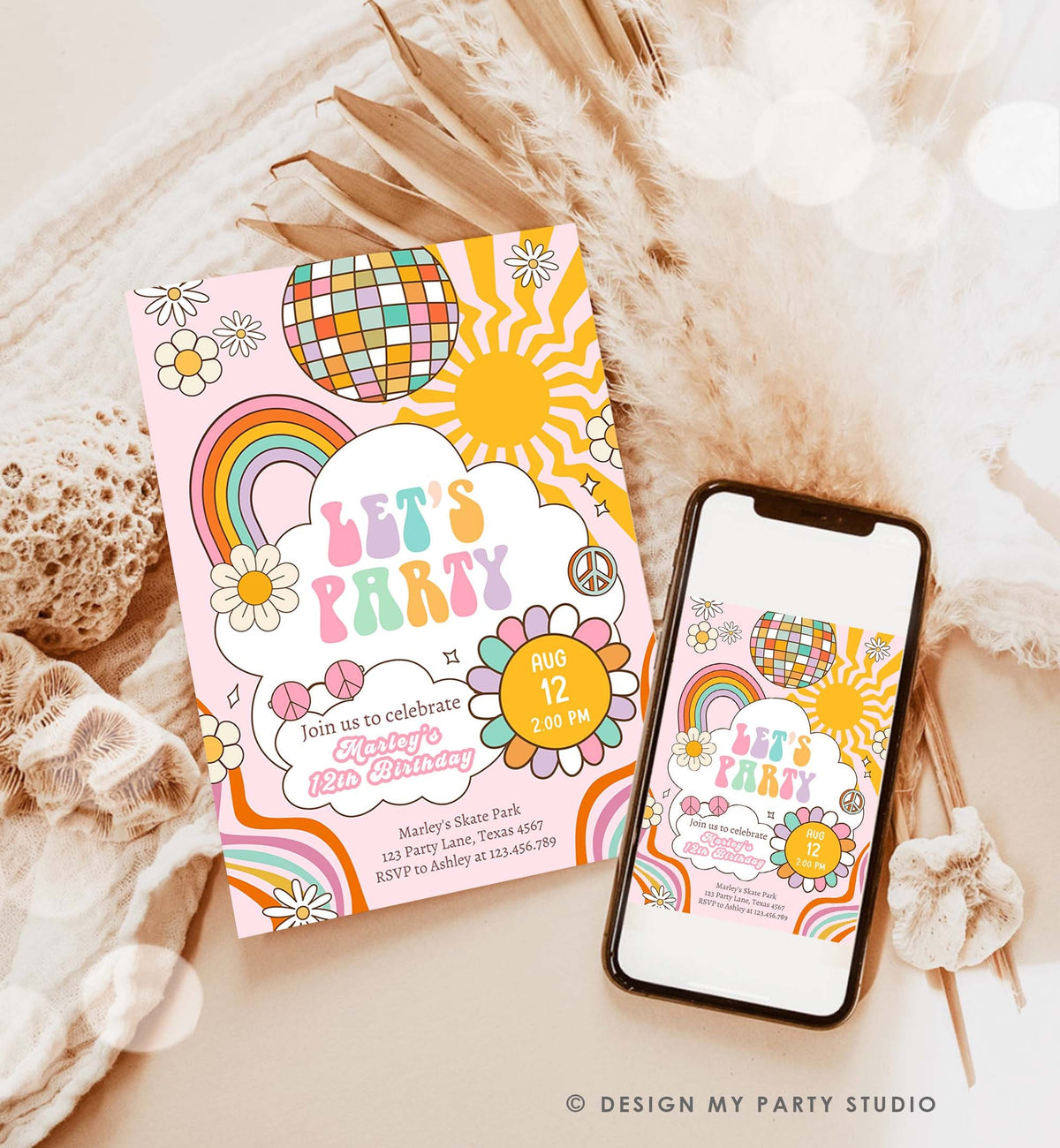 Editable Groovy Birthday Party Invitation Let&#39;s Party Birthday Boho Retro Flower Power 70&#39;s Girl Pink Digital Evite Template Printable 0538