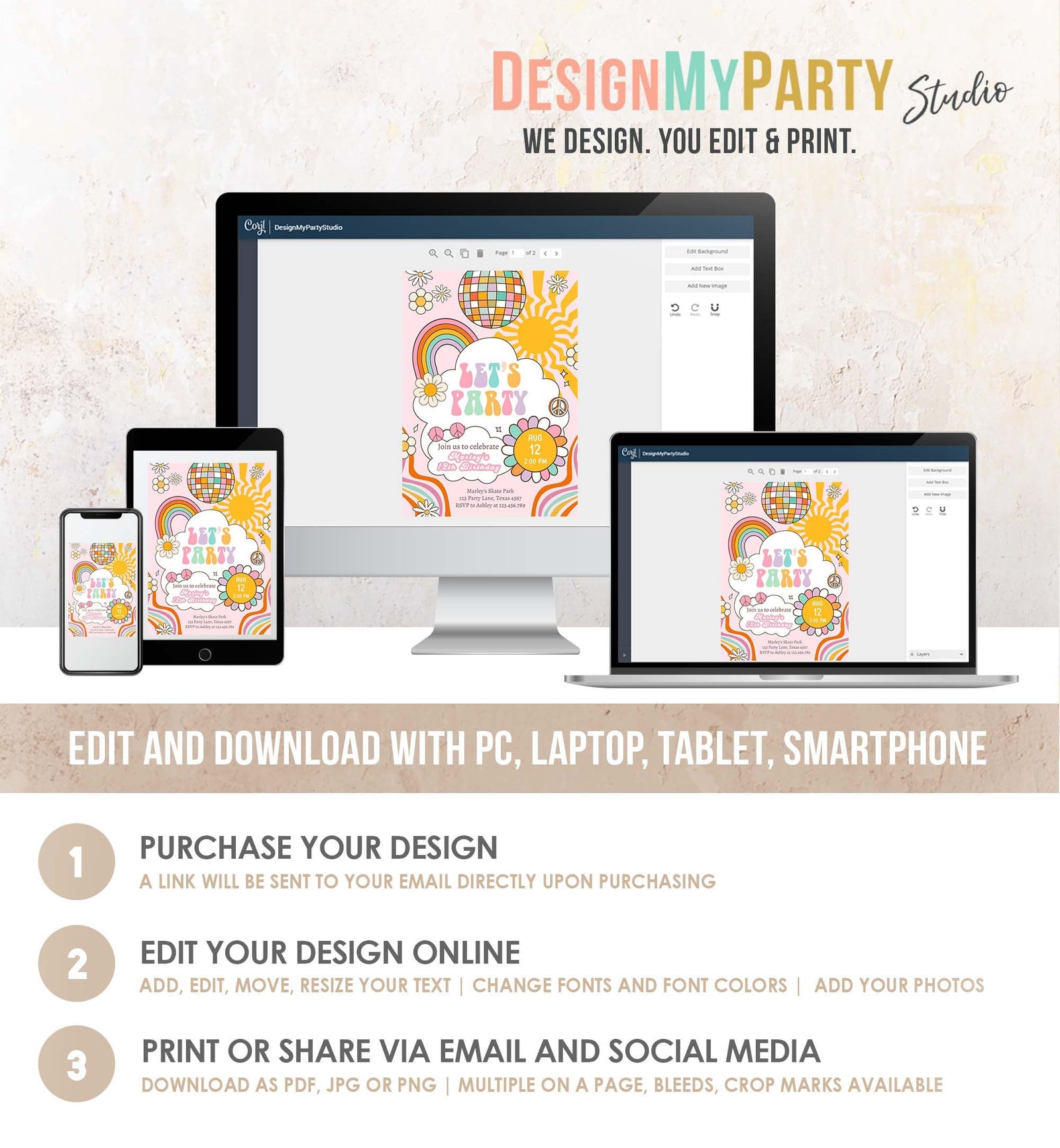 Editable Groovy Birthday Party Invitation Let's Party Birthday Boho Retro Flower Power 70's Girl Pink Digital Evite Template Printable 0538