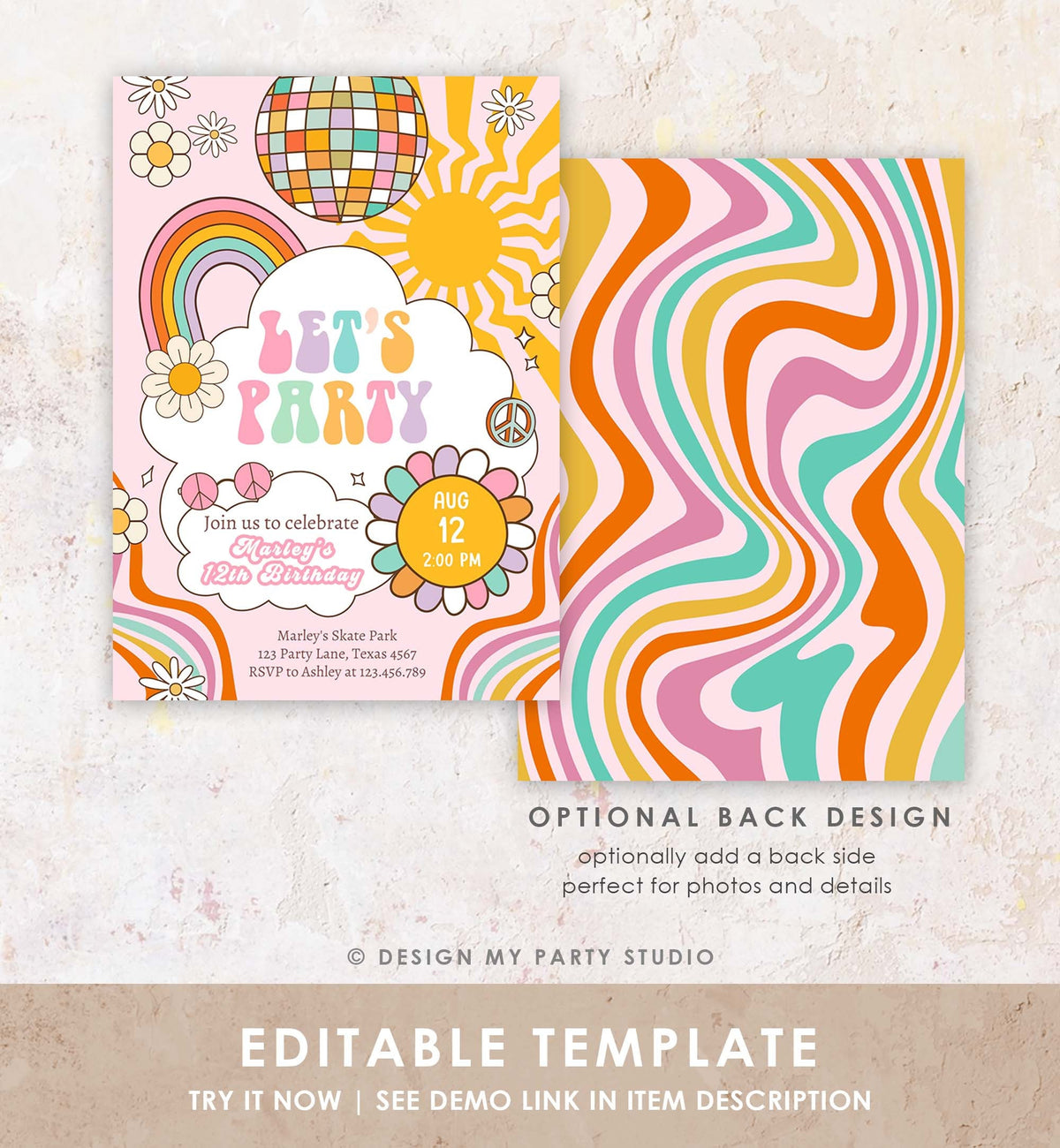 Editable Groovy Birthday Party Invitation Let&#39;s Party Birthday Boho Retro Flower Power 70&#39;s Girl Pink Digital Evite Template Printable 0538