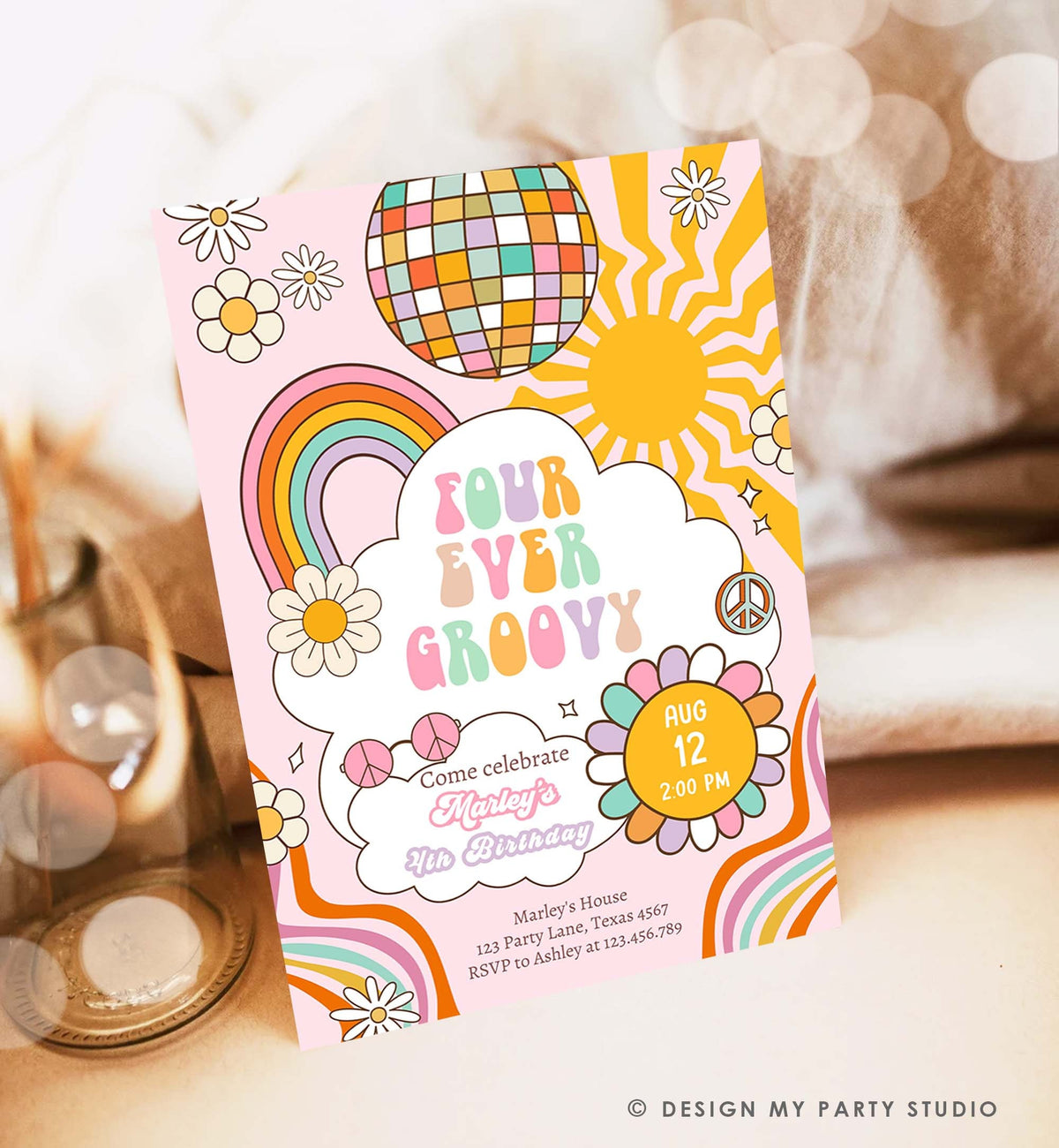 Editable Four ever Groovy Birthday Invitation 4th Birthday Retro Rainbow Peace Love Party Four Digital Download Template Printable 0538