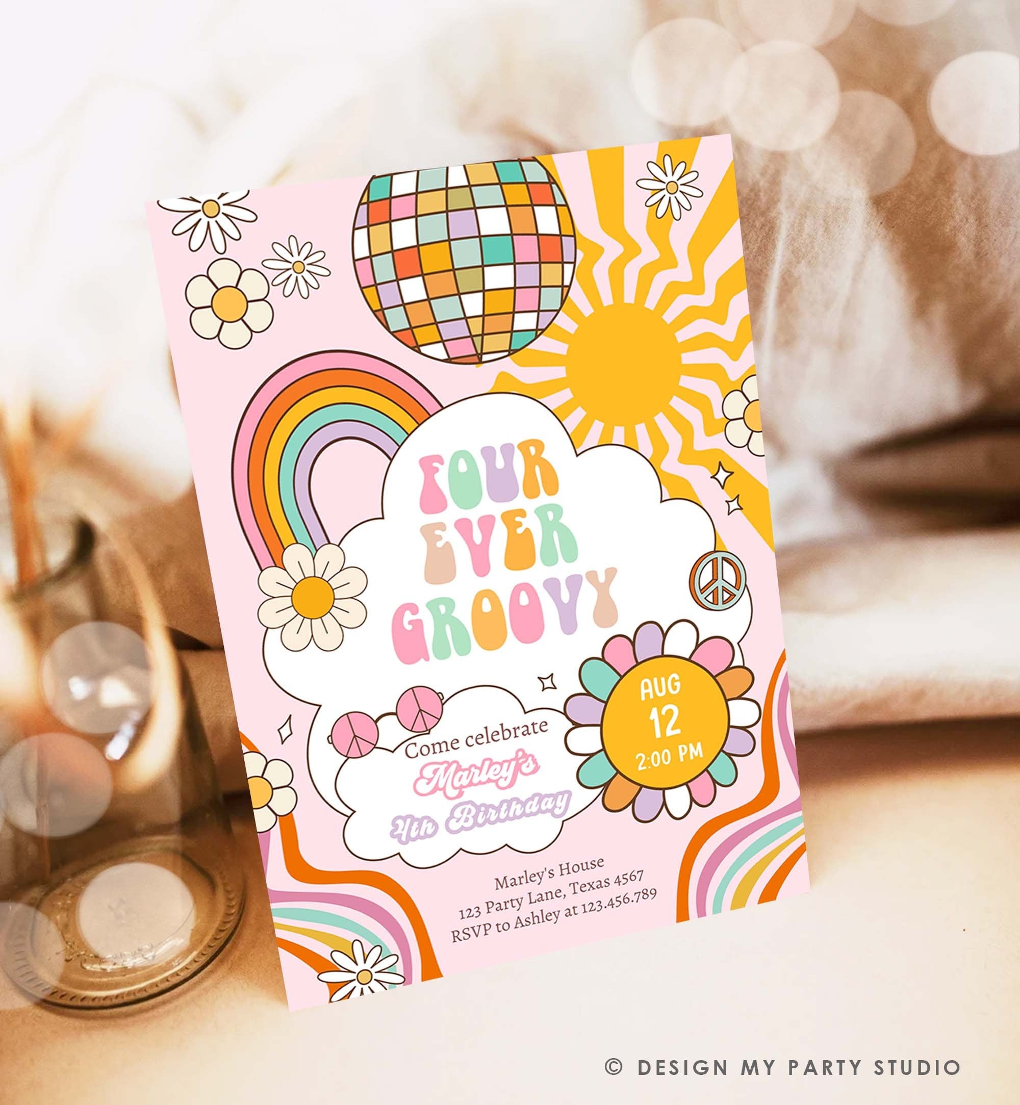 Editable Four ever Groovy Birthday Invitation 4th Birthday Retro Rainbow Peace Love Party Four Digital Download Template Printable 0538