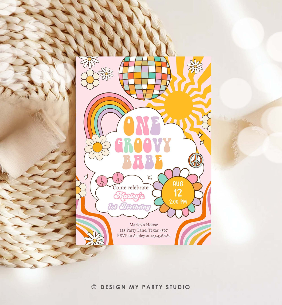 Editable Groovy One Retro 1st Birthday Invitation First Birthday One Groovy Babe Invite Peace Love Pink Download Template Corjl Digital 0538