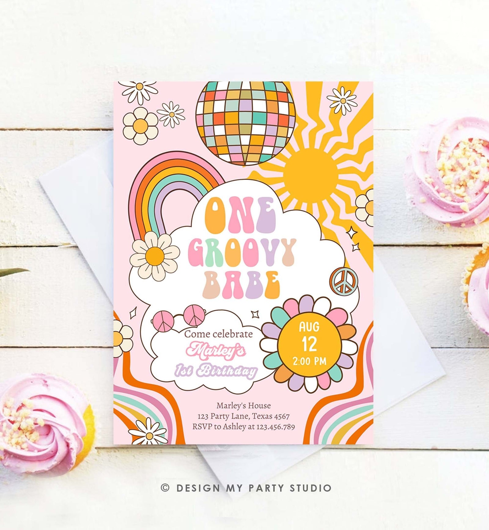 Editable Groovy One Retro 1st Birthday Invitation First Birthday One Groovy Babe Invite Peace Love Pink Download Template Corjl Digital 0538