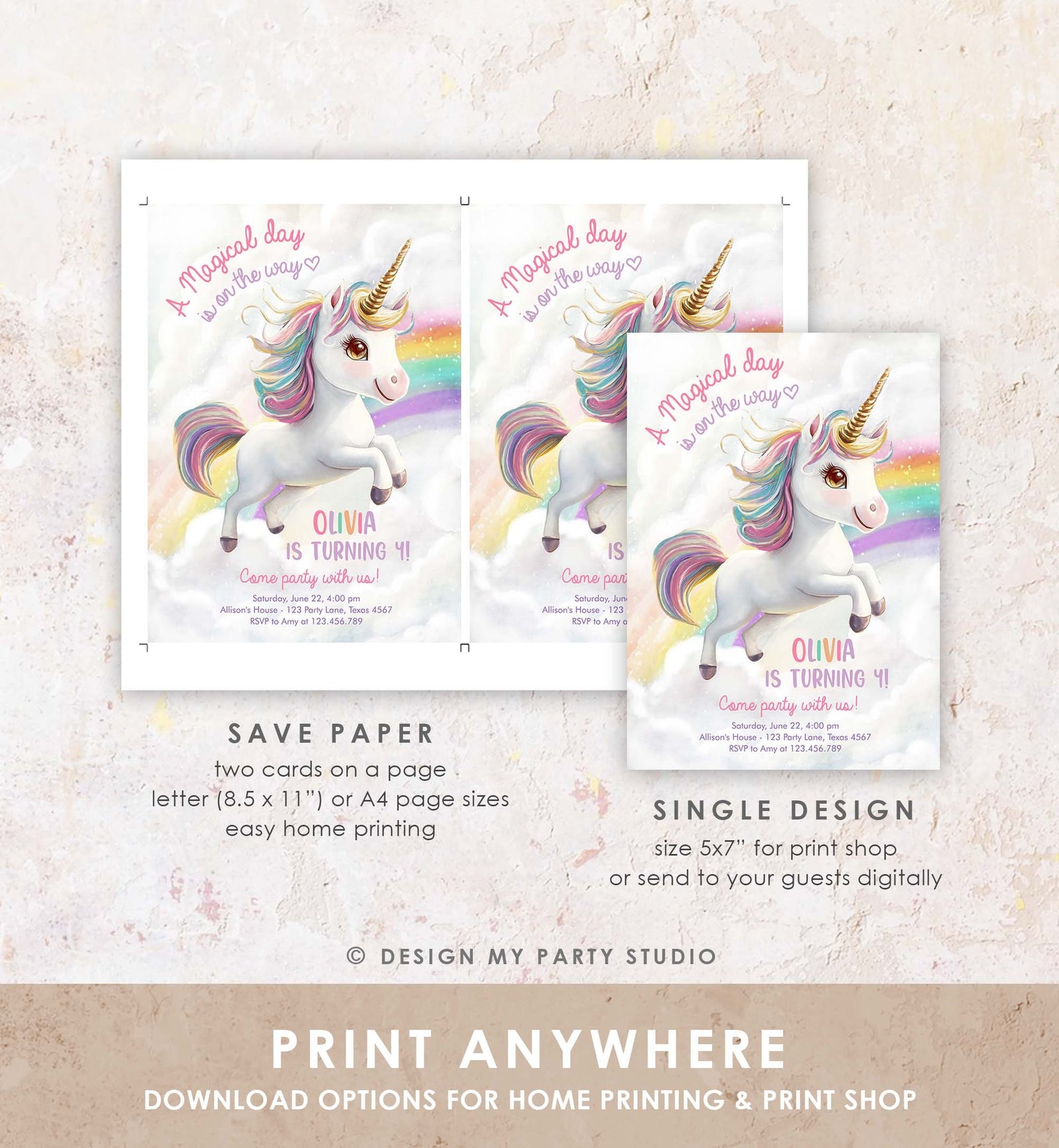Editable Unicorn Birthday Invitation Magical Party Girl Pink Pastel First Unicorn Party Rainbow Digital Download Template Printable 0503