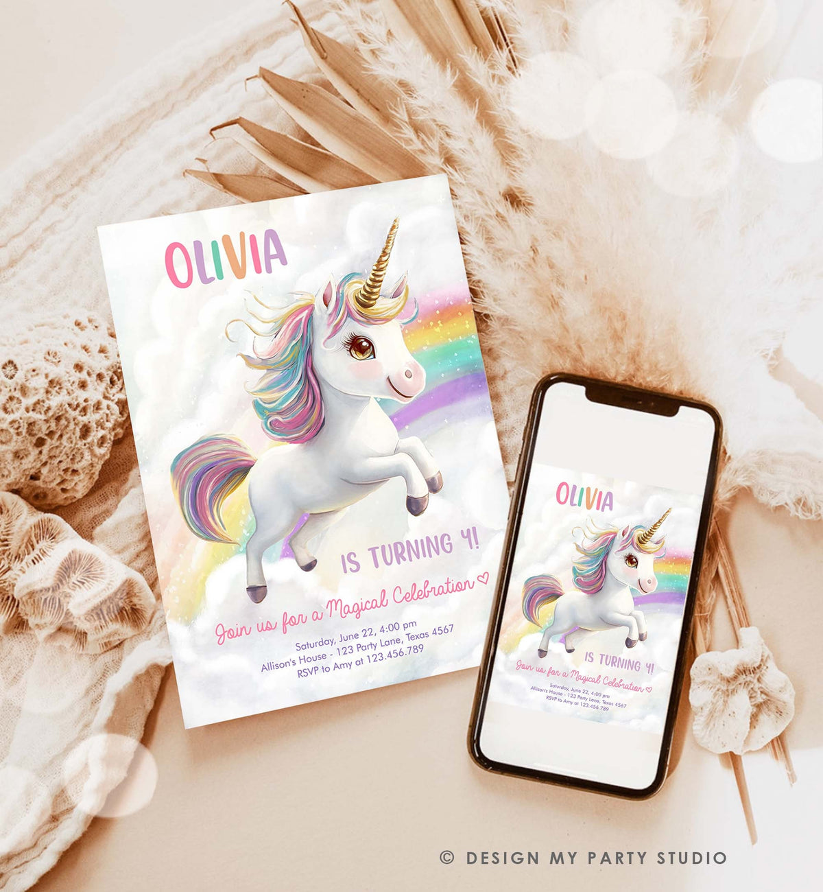 Editable Unicorn Birthday Invitation Magical Party Invite Girl Pink Pastel First Digital Unicorn Party Template Rainbow Download Corjl 0503
