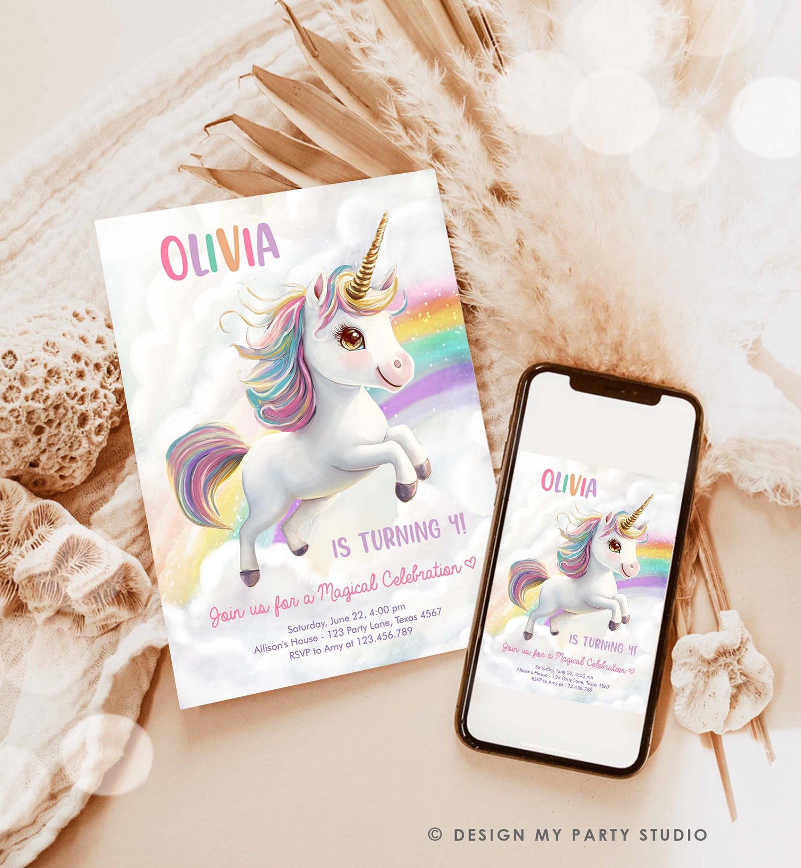 Editable Unicorn Birthday Invitation Magical Party Invite Girl Pink Pastel First Digital Unicorn Party Template Rainbow Download Corjl 0503