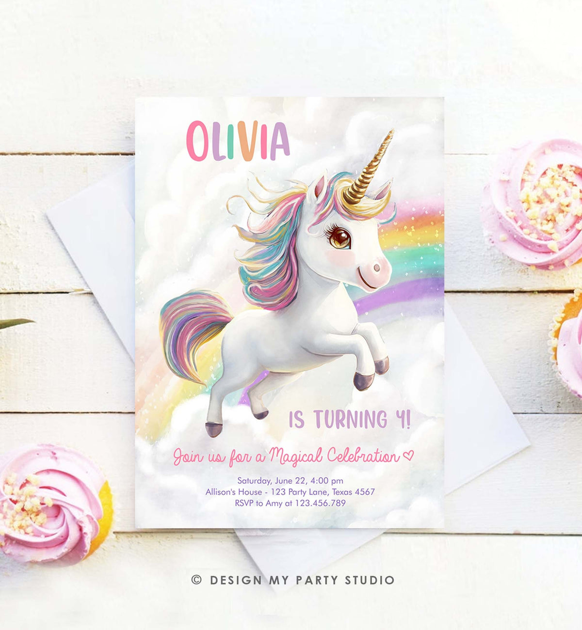 Editable Unicorn Birthday Invitation Magical Party Invite Girl Pink Pastel First Digital Unicorn Party Template Rainbow Download Corjl 0503