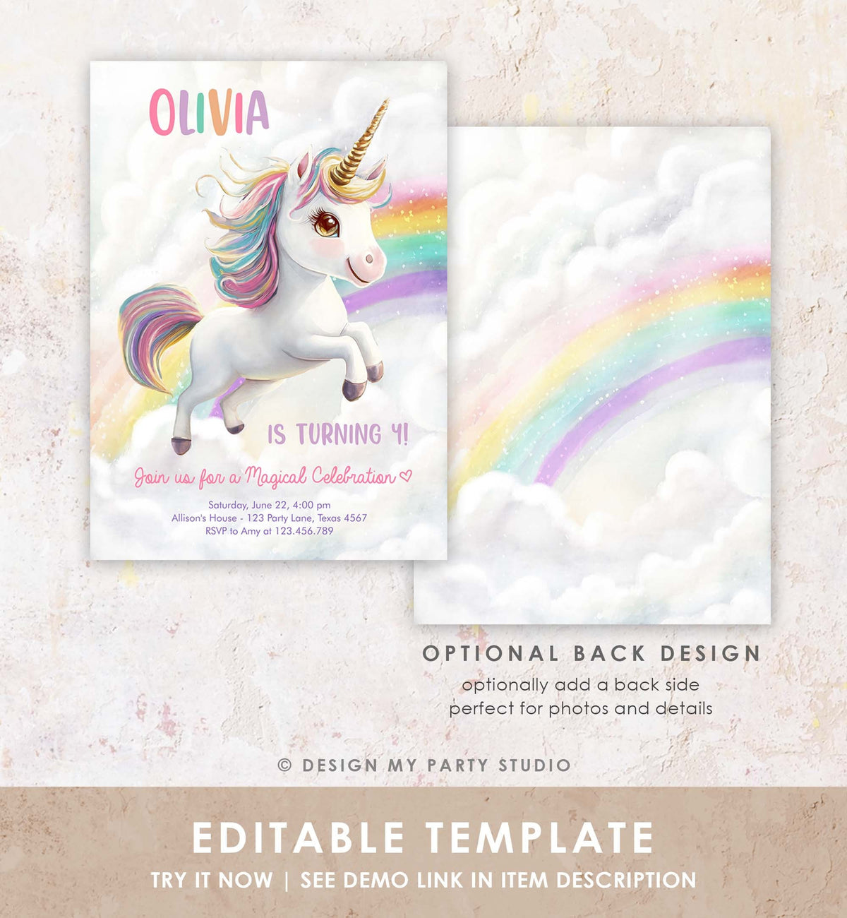 Editable Unicorn Birthday Invitation Magical Party Invite Girl Pink Pastel First Digital Unicorn Party Template Rainbow Download Corjl 0503