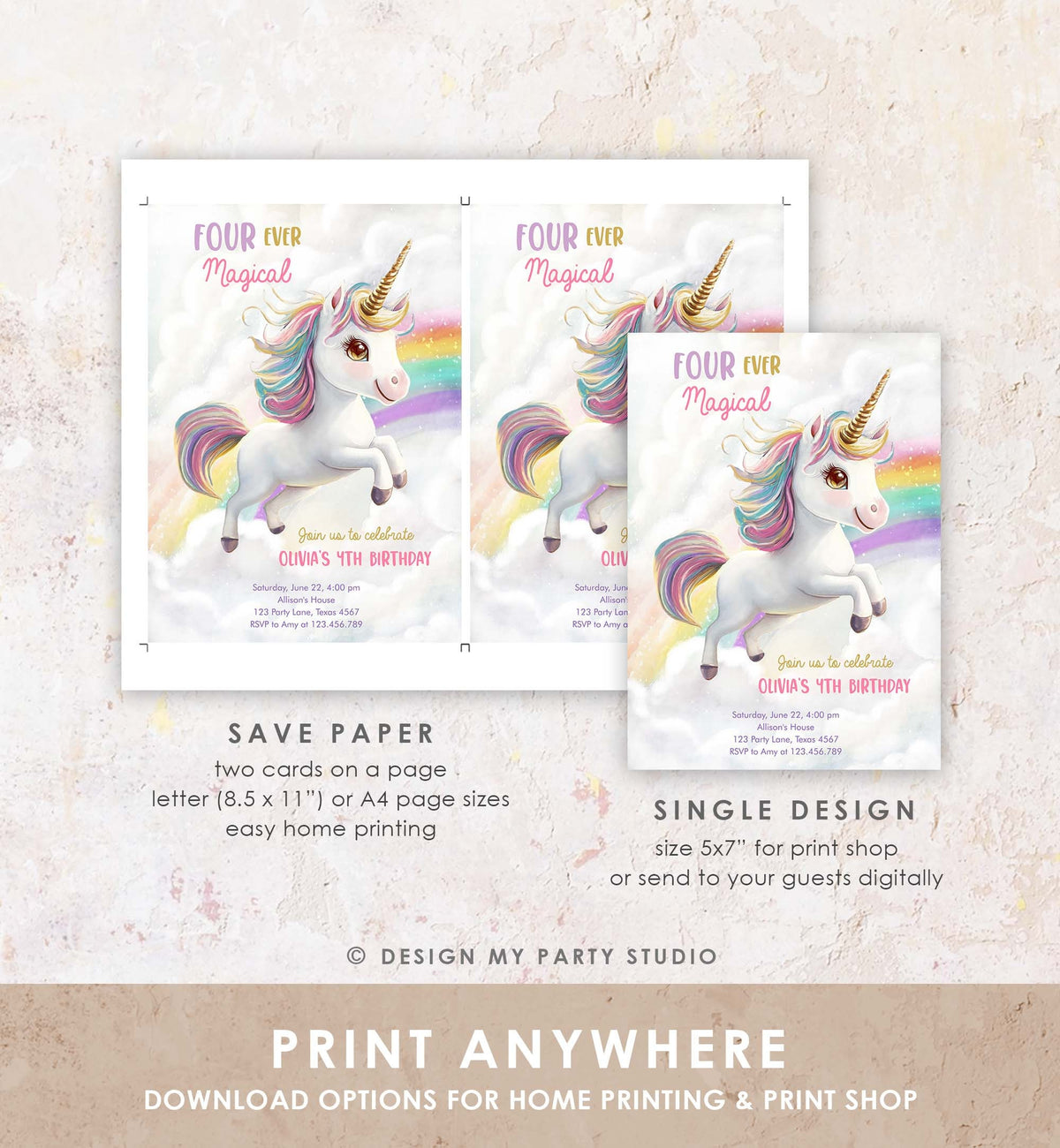 Editable Unicorn 4th Birthday Invitation Four Ever Magical Party Girl Rainbow Fourth Digital Download Evite Template Printable 0503