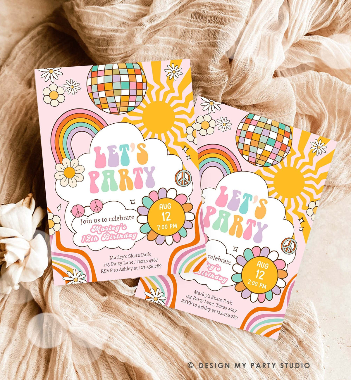 Editable Groovy Birthday Party Invitation Let&#39;s Party Birthday Boho Retro Flower Power 70&#39;s Girl Pink Digital Evite Template Printable 0538