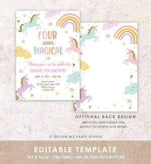 Editable Unicorn 4th Birthday Invitation Four Ever Magical Party Invite Girl Pastel Fourth Birthday Template Rainbow Download Corjl 0426