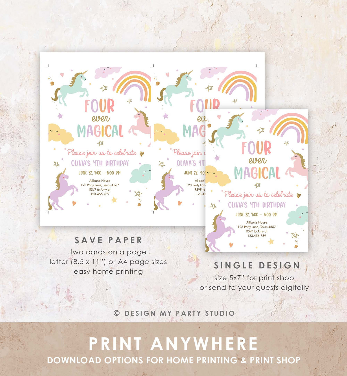Editable Unicorn 4th Birthday Invitation Four Ever Magical Party Invite Girl Pastel Fourth Birthday Template Rainbow Download Corjl 0426