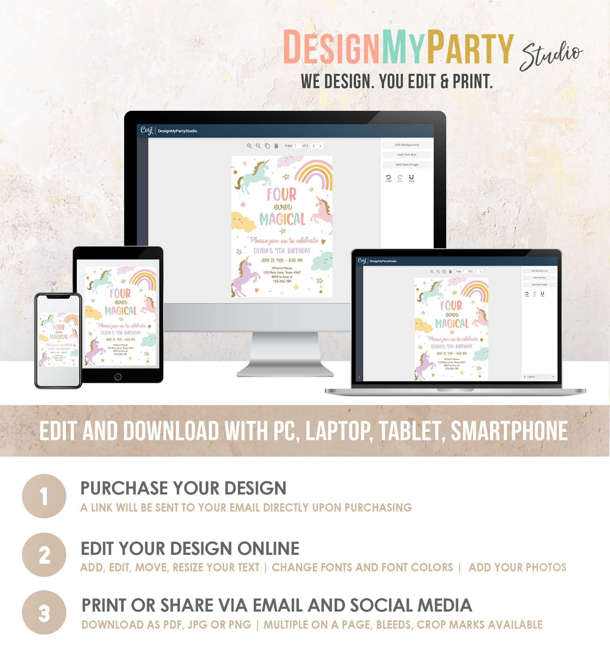 Editable Unicorn 4th Birthday Invitation Four Ever Magical Party Invite Girl Pastel Fourth Birthday Template Rainbow Download Corjl 0426