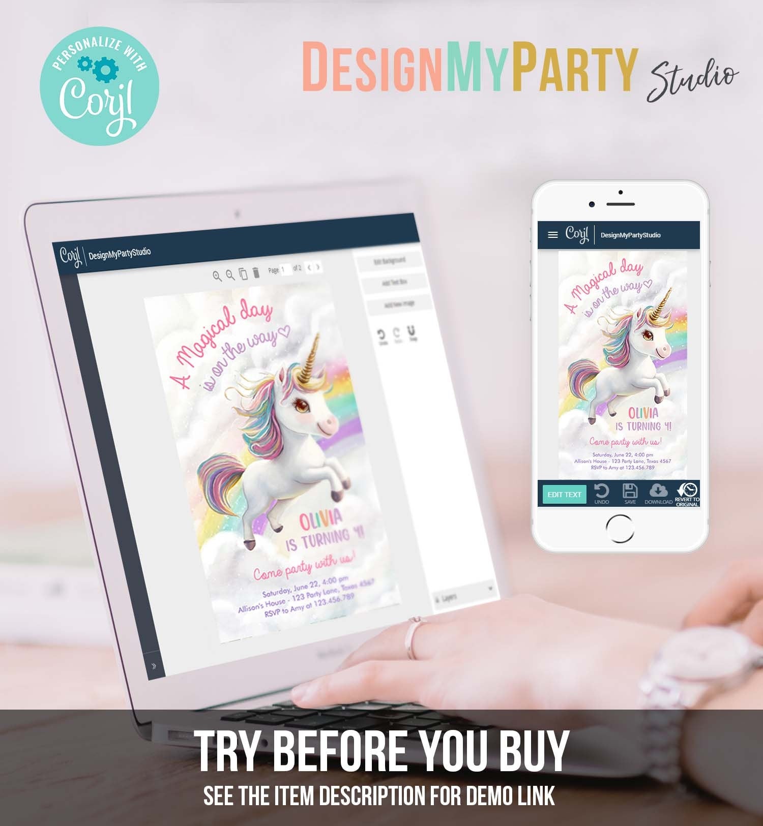 Editable Unicorn Birthday Evite Magical Party Invite Girl Pink Pastel First Digital Unicorn Party Rainbow Phone Digital Template 0503