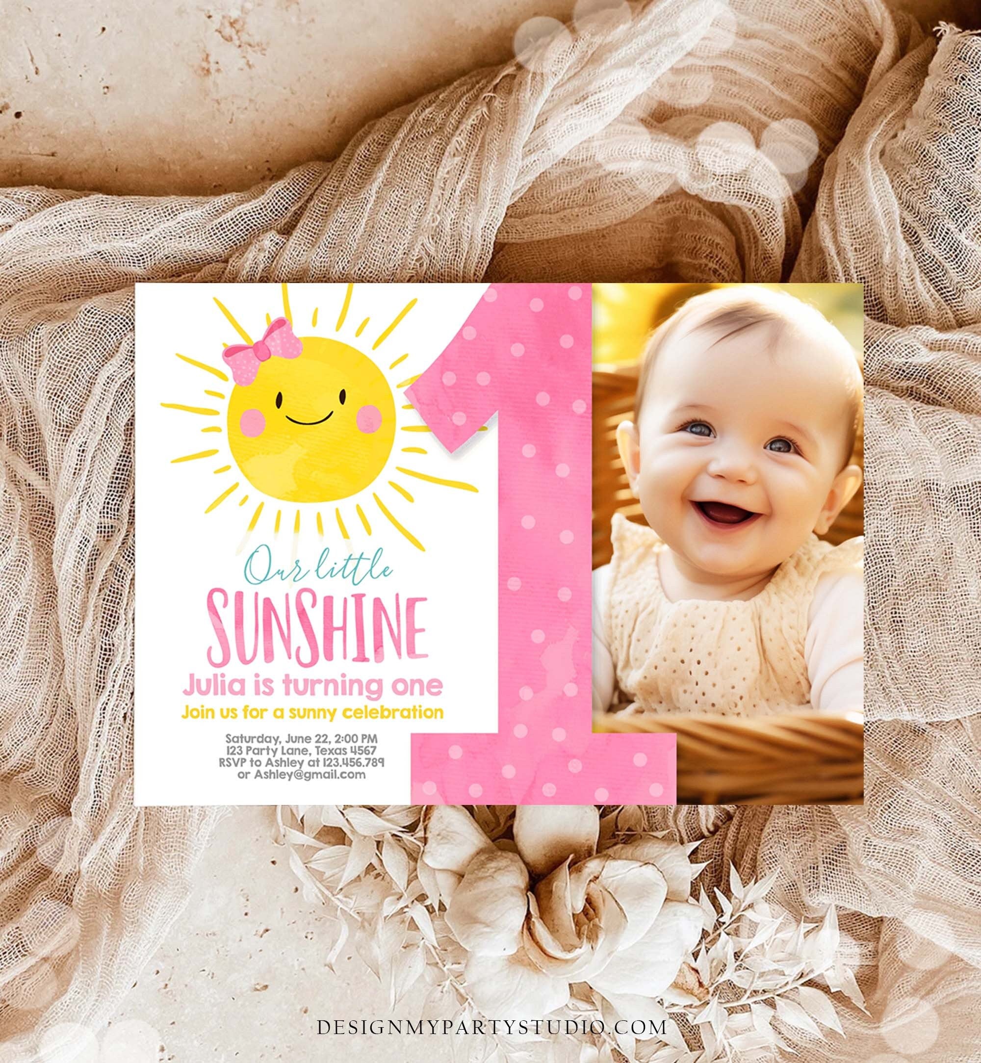 Editable Our Little Sunshine Birthday Invitation Sunshine Party Pink Girl Summer First Birthday Download Printable Corjl Template 0141