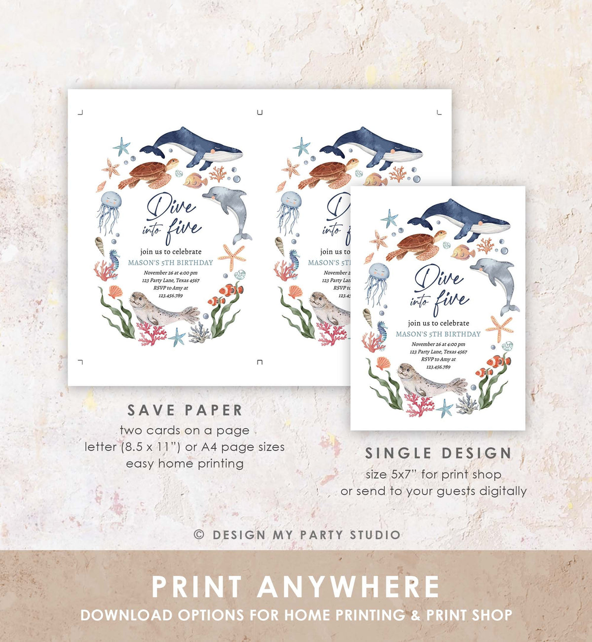Editable Dive Into Five Birthday Invitation Nautical 5th Birthday Under The Sea Invite Ocean Animals Download Printable Corjl Template 0504