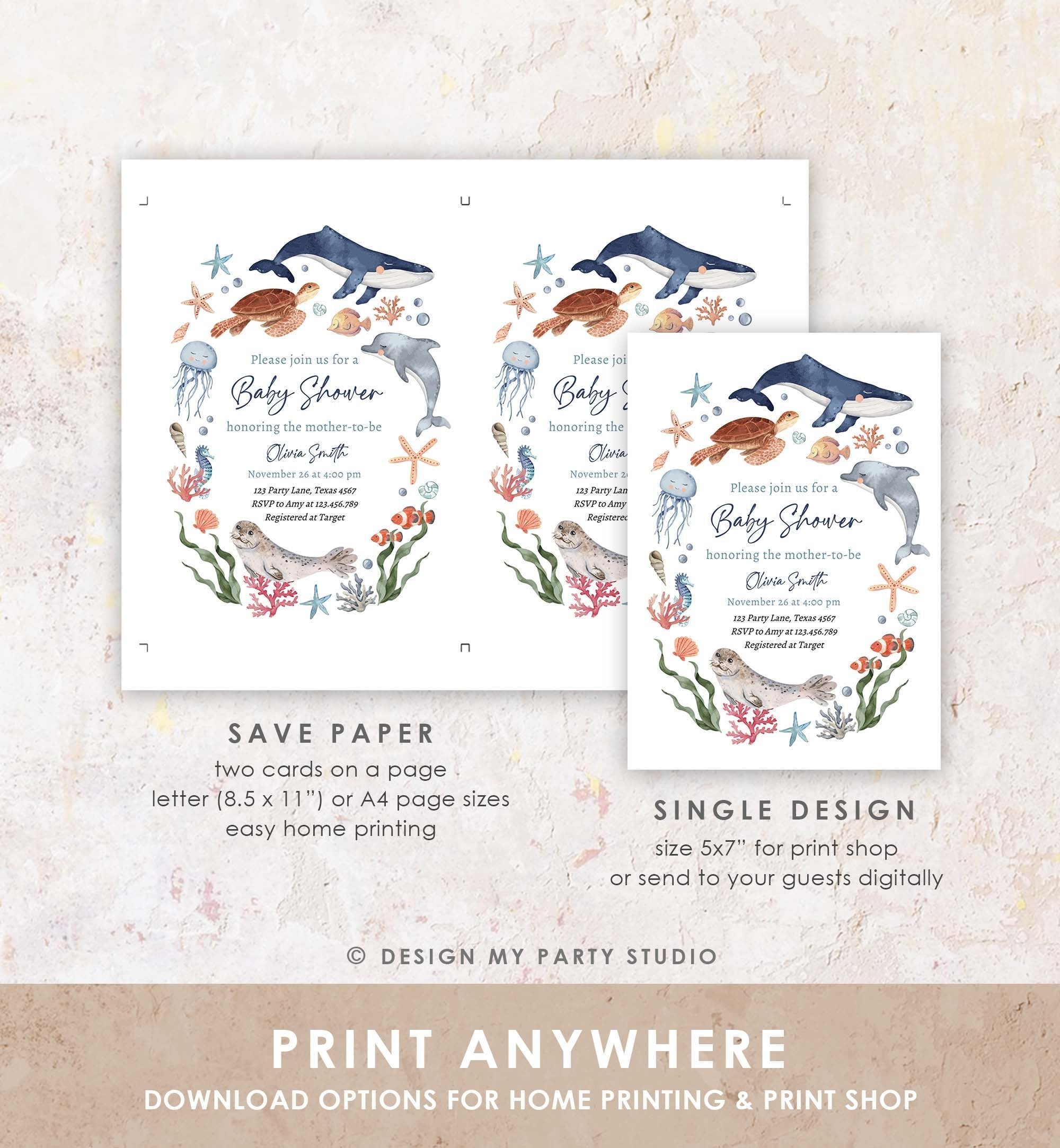 Editable Under The Sea Baby Shower Invitation Nautical Shower Invite Boy Sea Life Ocean Animals Digital Download Template Printable 0504