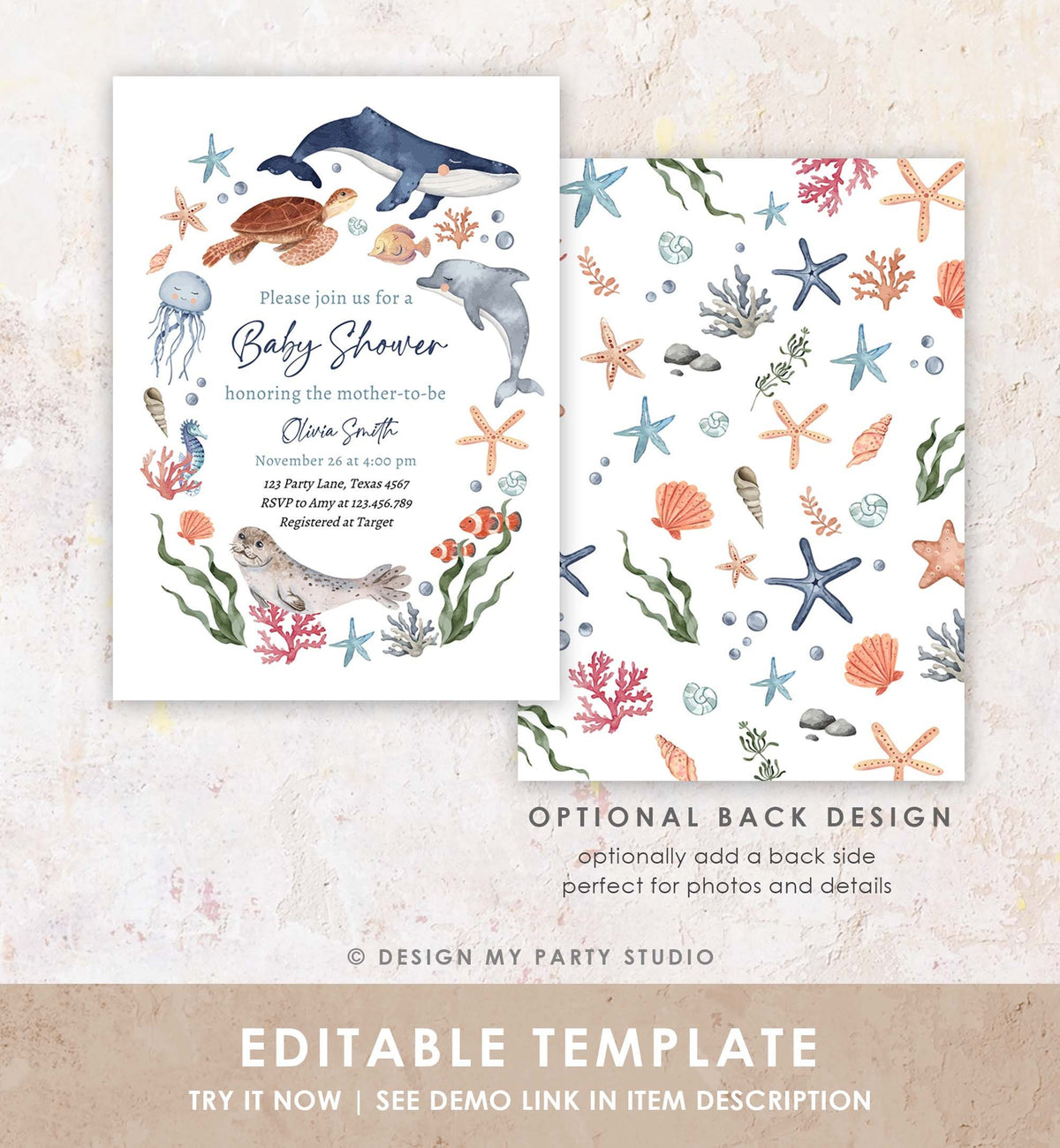 Editable Under The Sea Baby Shower Invitation Nautical Shower Invite Boy Sea Life Ocean Animals Digital Download Template Printable 0504