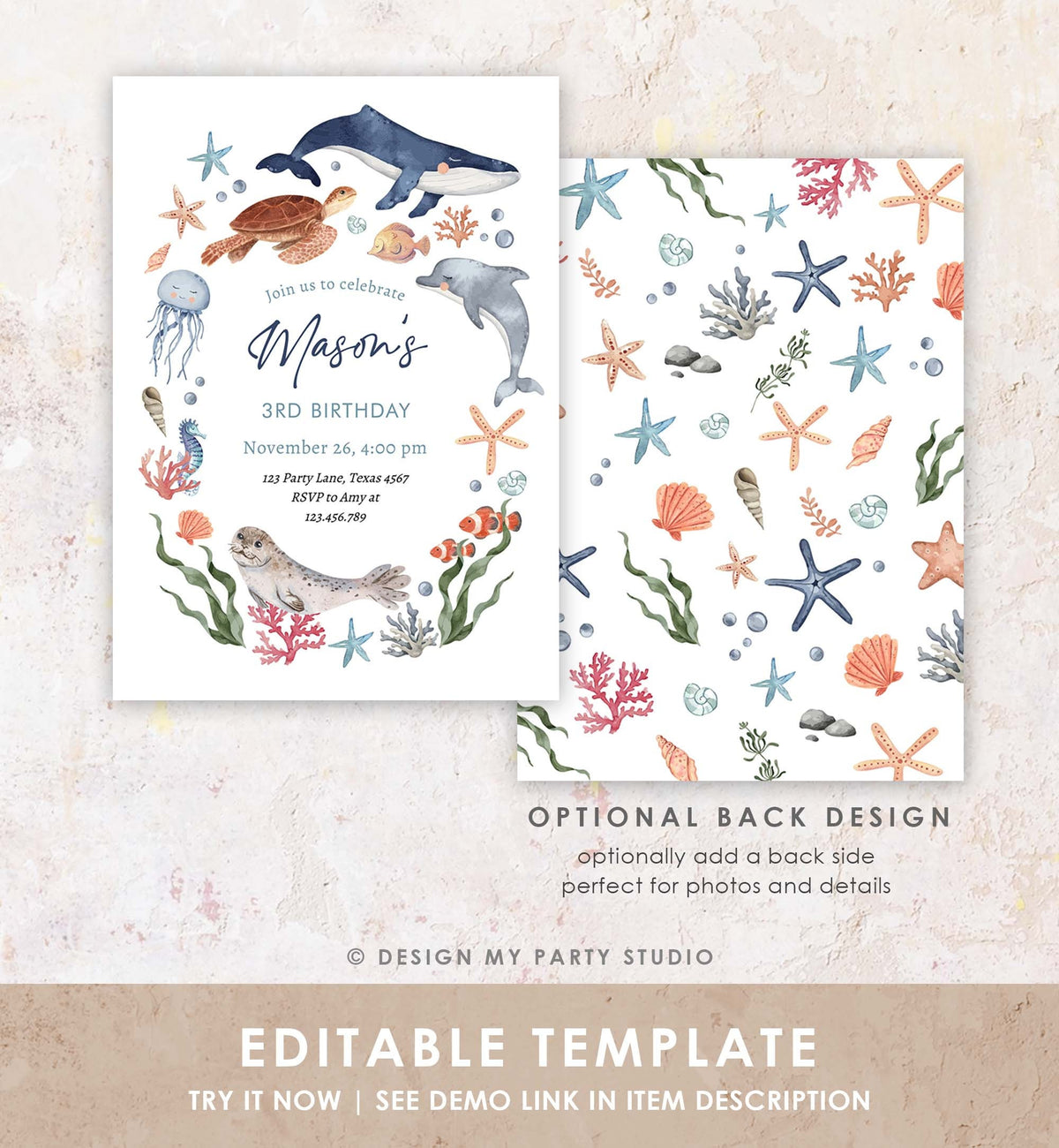 Editable Under The Sea Birthday Invitation Nautical Birthday Party Kids Sea Life Ocean Animals Digital Download Template Printable 0504