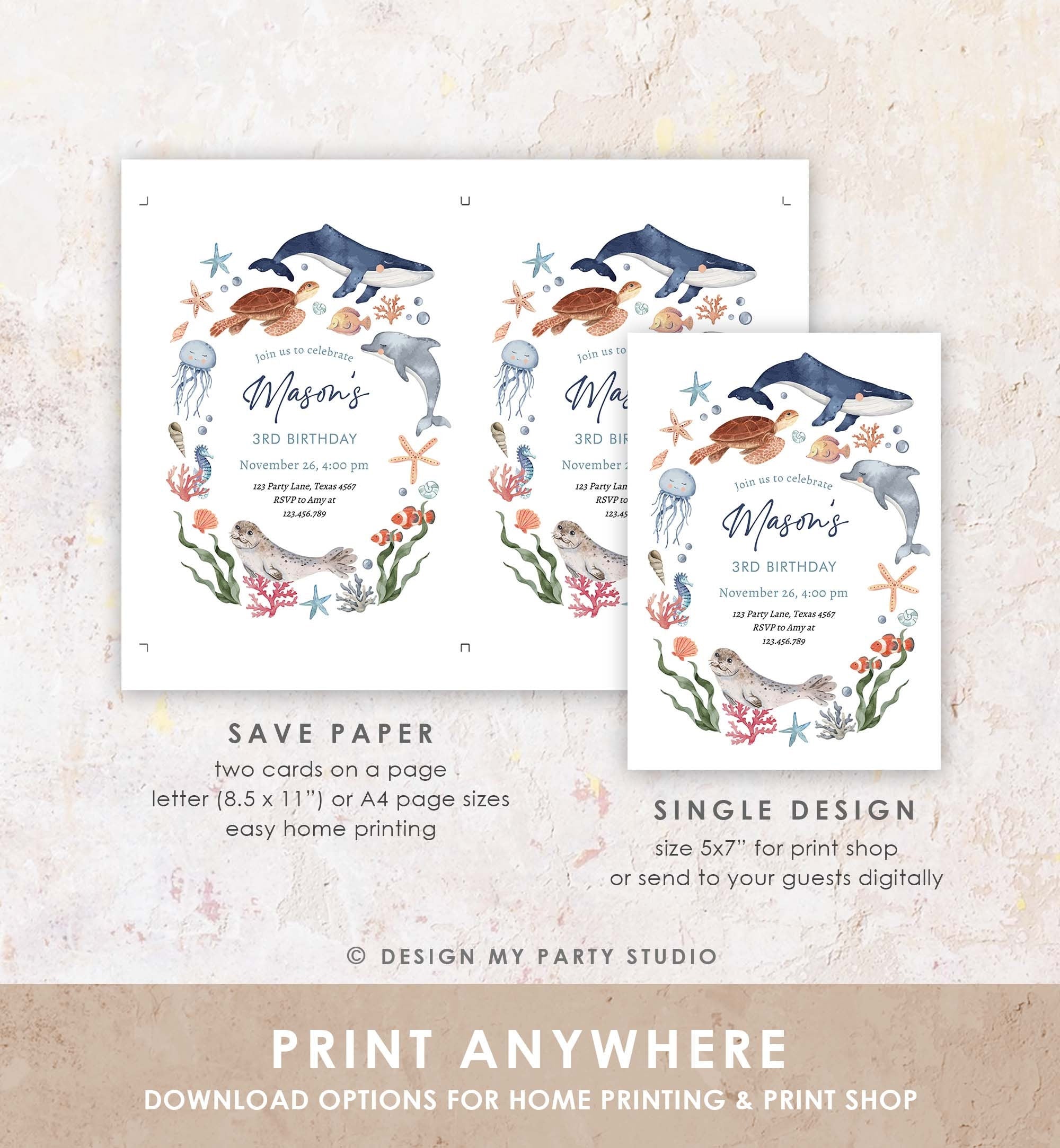 Editable Under The Sea Birthday Invitation Nautical Birthday Party Kids Sea Life Ocean Animals Digital Download Template Printable 0504