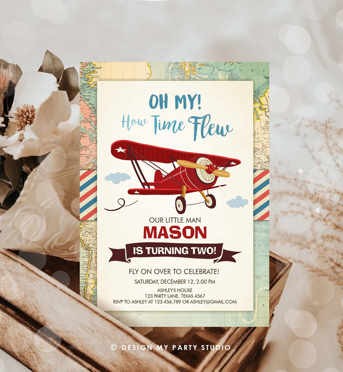 Editable Airplane Birthday Invitation Oh My Time Flew Red Airplane Second Birthday Plane Sky Digital Download Evite Template Printable 0011