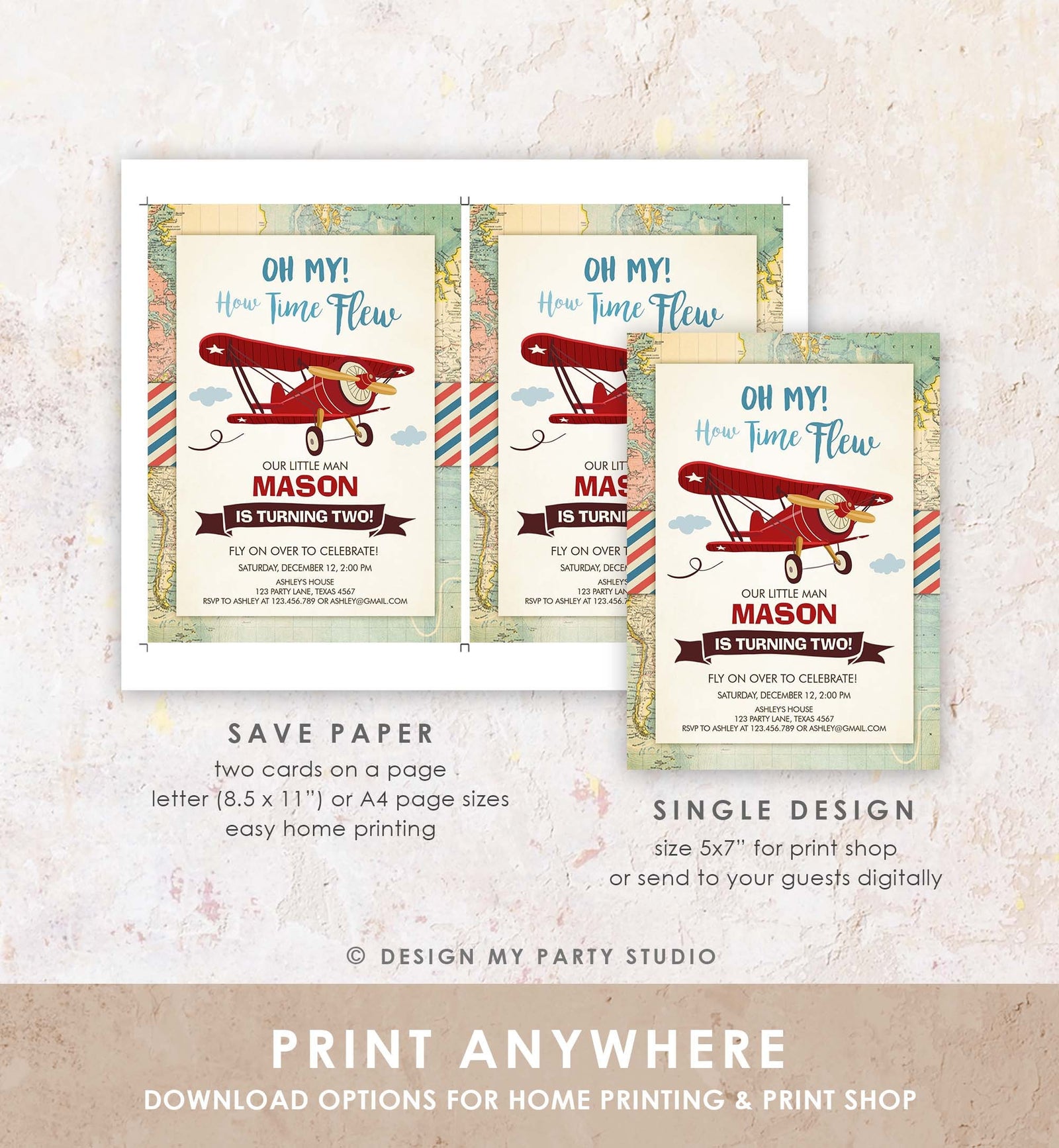 Editable Airplane Birthday Invitation Oh My Time Flew Red Airplane Second Birthday Plane Sky Digital Download Evite Template Printable 0011