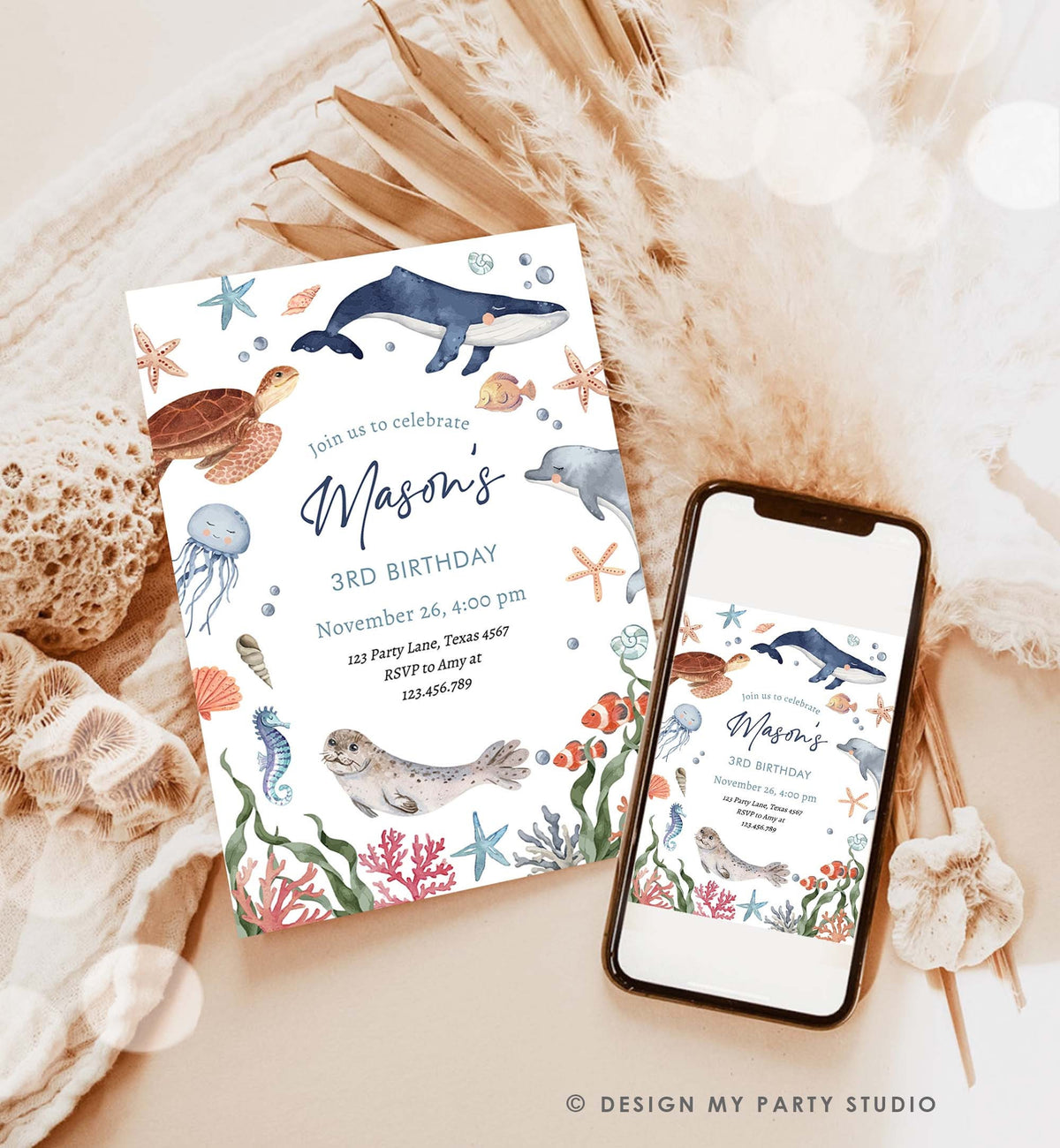 Editable Under The Sea Birthday Invitation Nautical Birthday Party Kids Sea Life Ocean Animals Digital Download Template Printable 0504